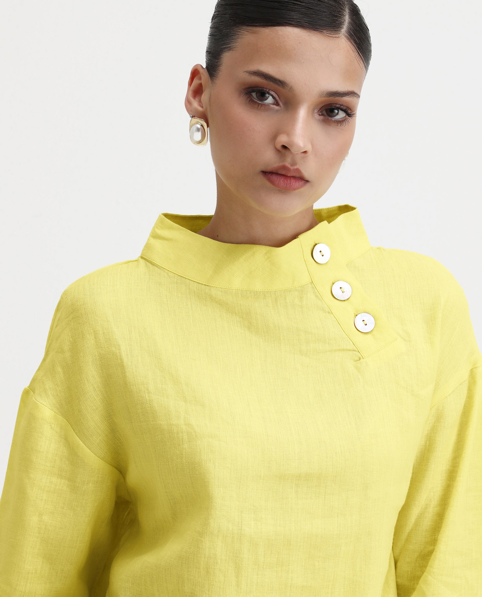 Rareism Women's Mayotte Pastel Yellow Linen Mandarin Collar Plain Relaxed Fit Top - Image 4