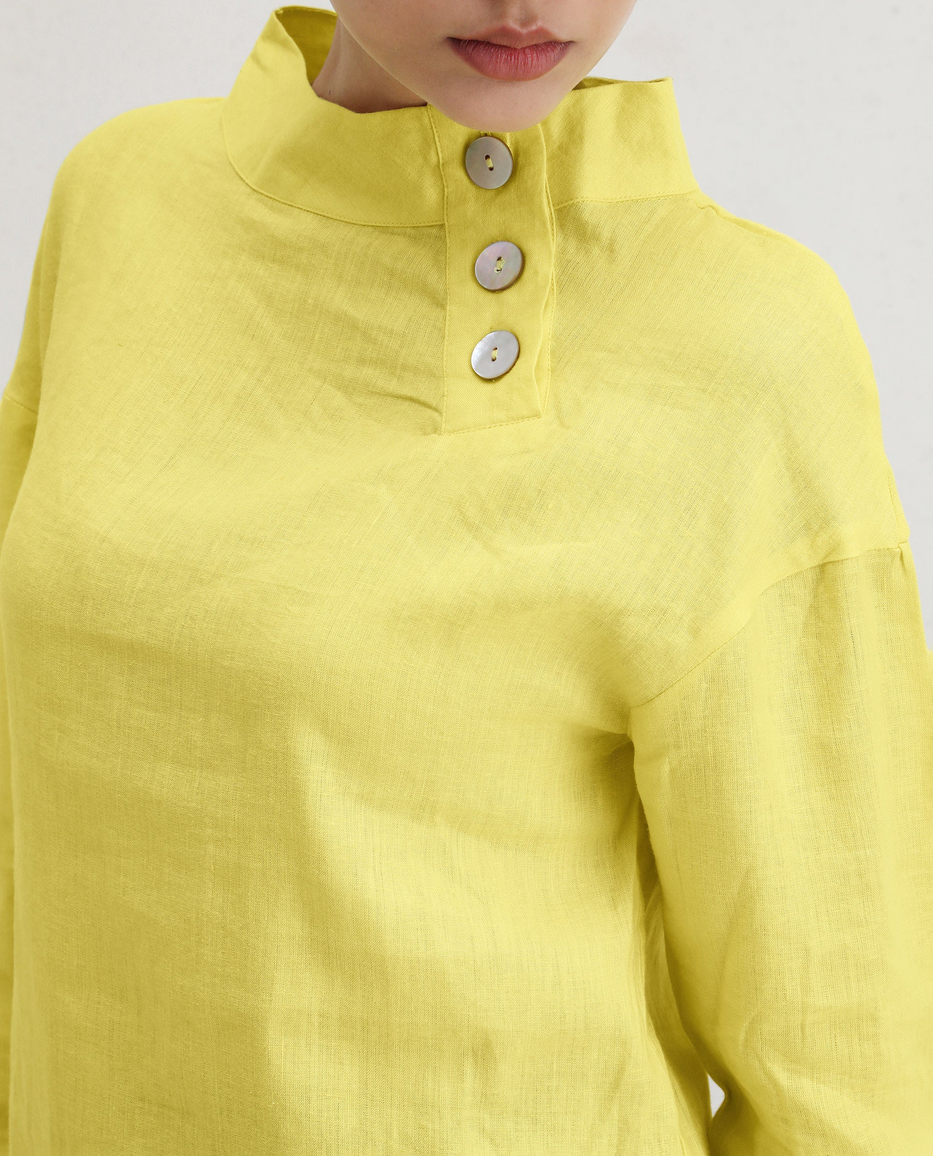 Rareism Women's Mayotte Pastel Yellow Linen Mandarin Collar Plain Relaxed Fit Top - Image 5