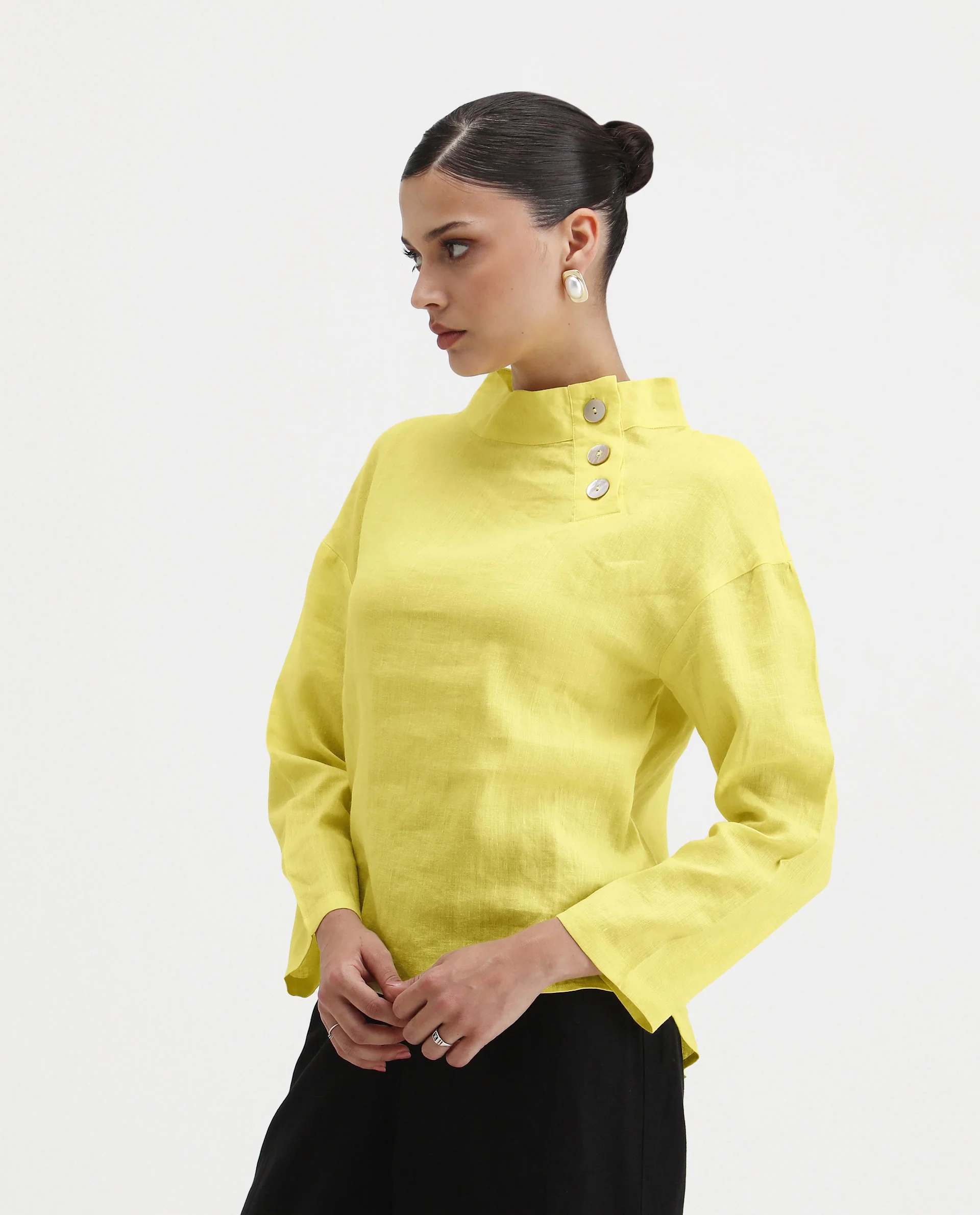 Rareism Women's Mayotte Pastel Yellow Linen Mandarin Collar Plain Relaxed Fit Top - Image 6