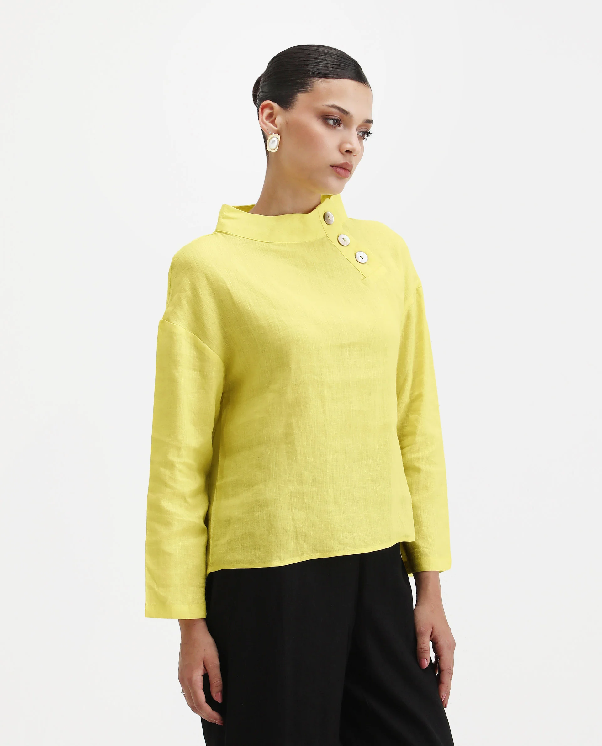 Rareism Women's Mayotte Pastel Yellow Linen Mandarin Collar Plain Relaxed Fit Top - Image 7