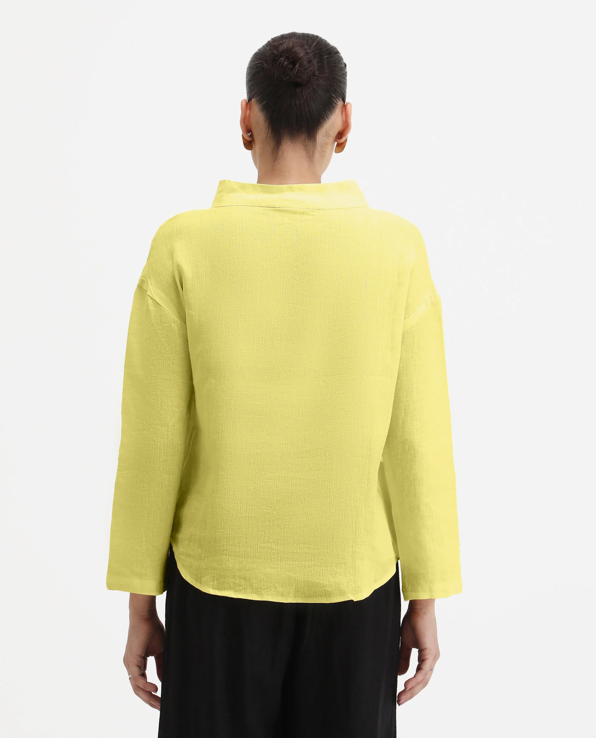 Rareism Women's Mayotte Pastel Yellow Linen Mandarin Collar Plain Relaxed Fit Top - Image 8