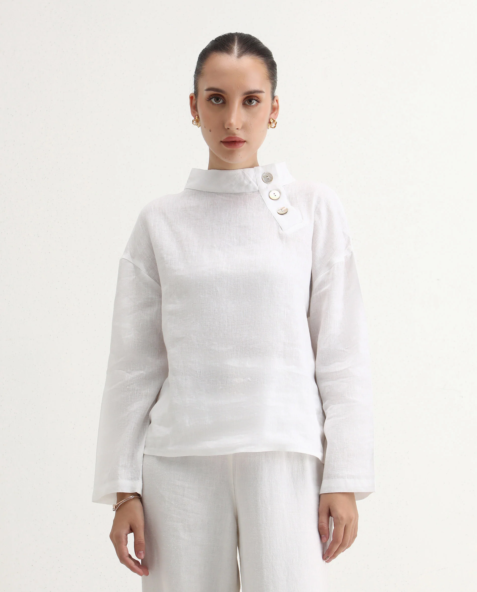 Rareism Women's Mayotte White Linen Mandarin Collar Plain Relaxed Fit Top - Image 7
