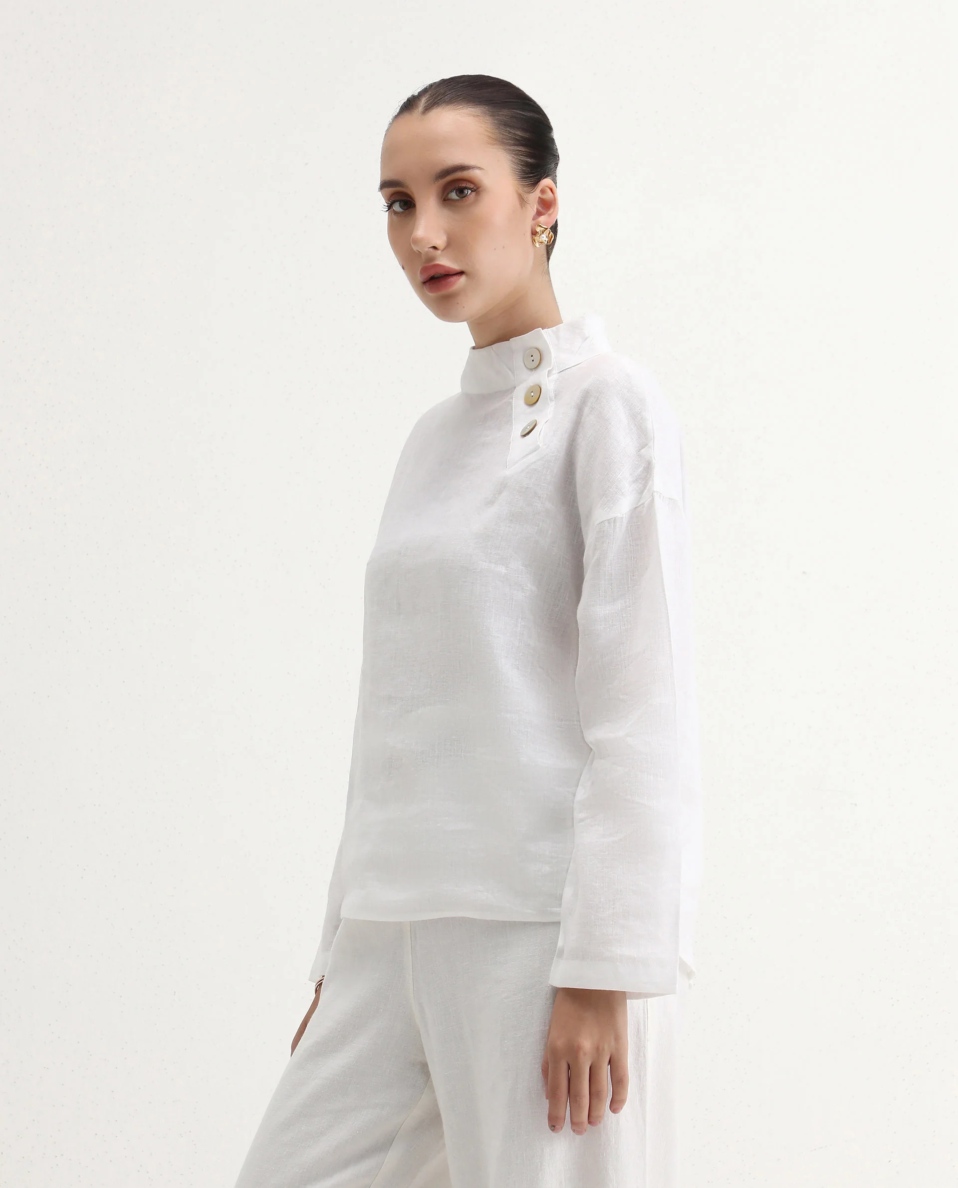 Rareism Women's Mayotte White Linen Mandarin Collar Plain Relaxed Fit Top - Image 8