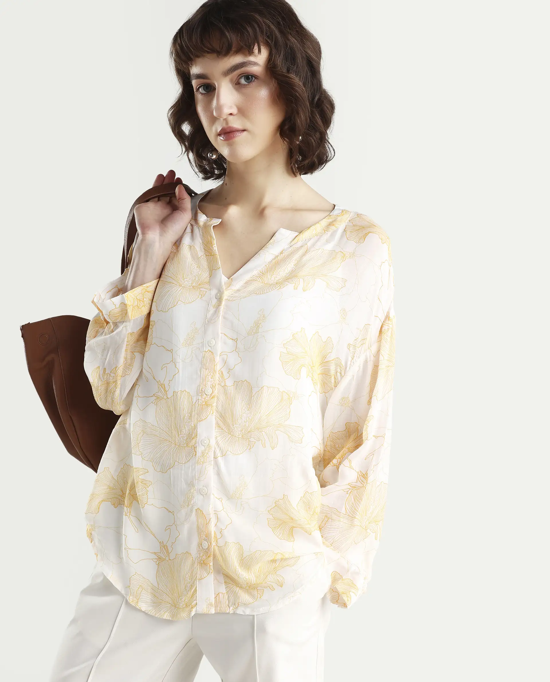 Rareism Women's Mayton Light Yellow Viscose Blend Mandarin Collar Floral Print Cuffed Sleeve Relaxed Fit Top