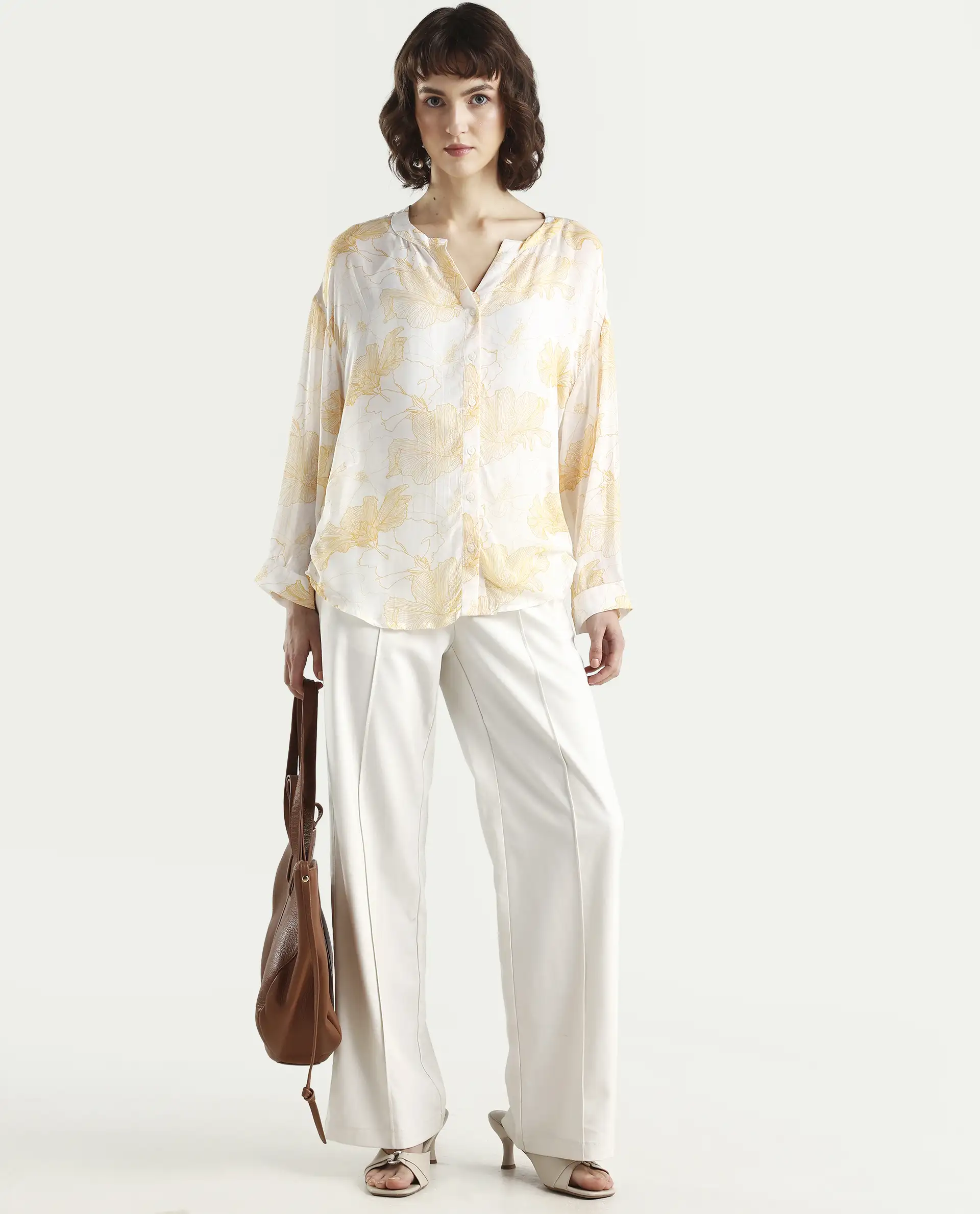 Rareism Women's Mayton Light Yellow Viscose Blend Mandarin Collar Floral Print Cuffed Sleeve Relaxed Fit Top - Image 2