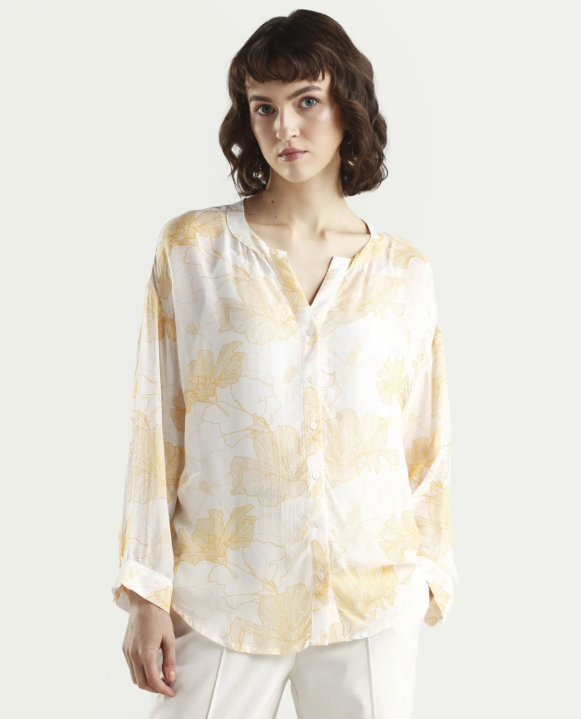 Rareism Women's Mayton Light Yellow Viscose Blend Mandarin Collar Floral Print Cuffed Sleeve Relaxed Fit Top - Image 3