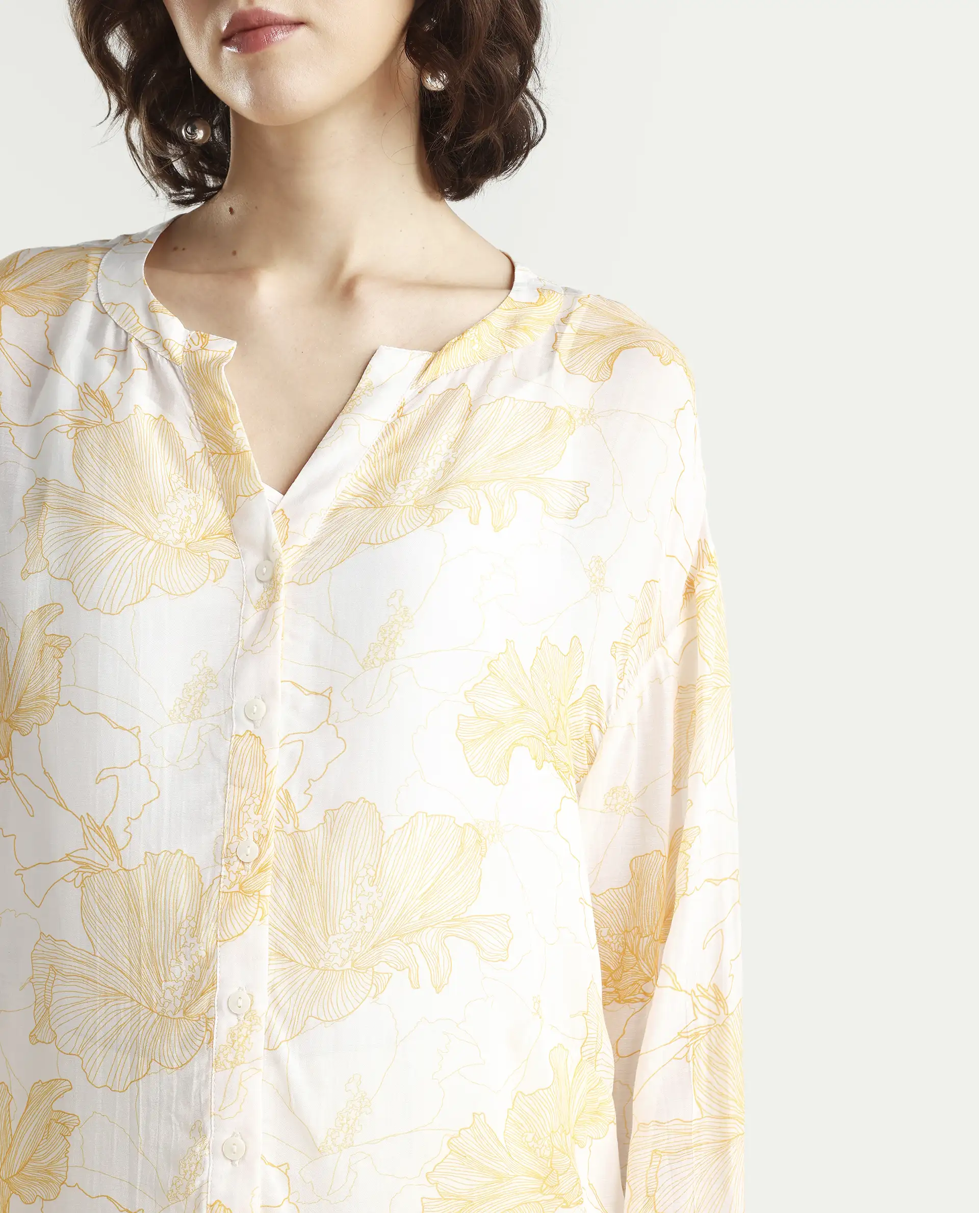 Rareism Women's Mayton Light Yellow Viscose Blend Mandarin Collar Floral Print Cuffed Sleeve Relaxed Fit Top - Image 4