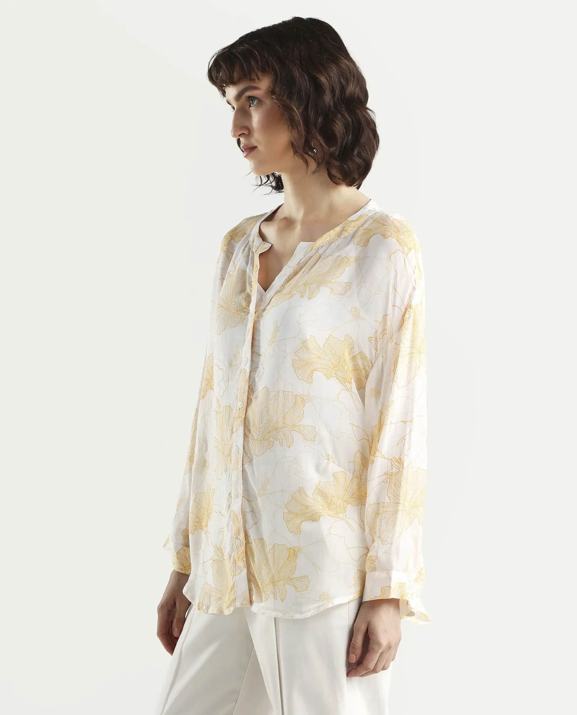 Rareism Women's Mayton Light Yellow Viscose Blend Mandarin Collar Floral Print Cuffed Sleeve Relaxed Fit Top - Image 5