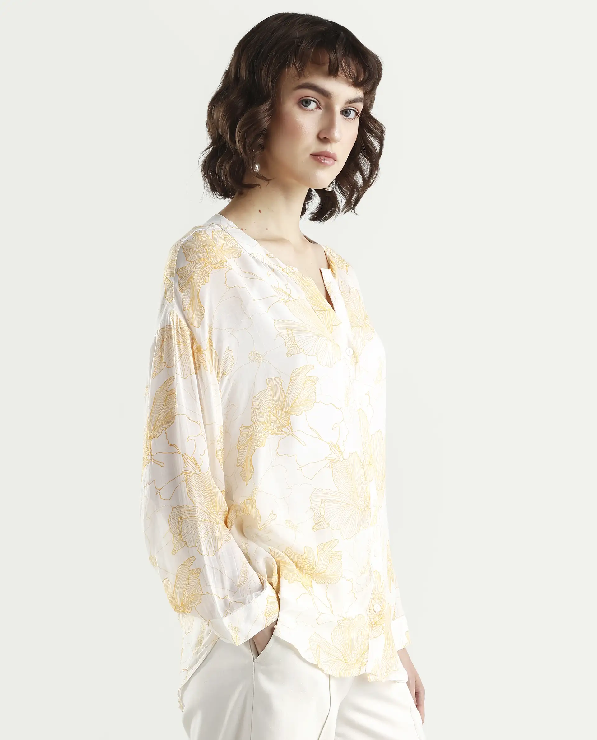 Rareism Women's Mayton Light Yellow Viscose Blend Mandarin Collar Floral Print Cuffed Sleeve Relaxed Fit Top - Image 6