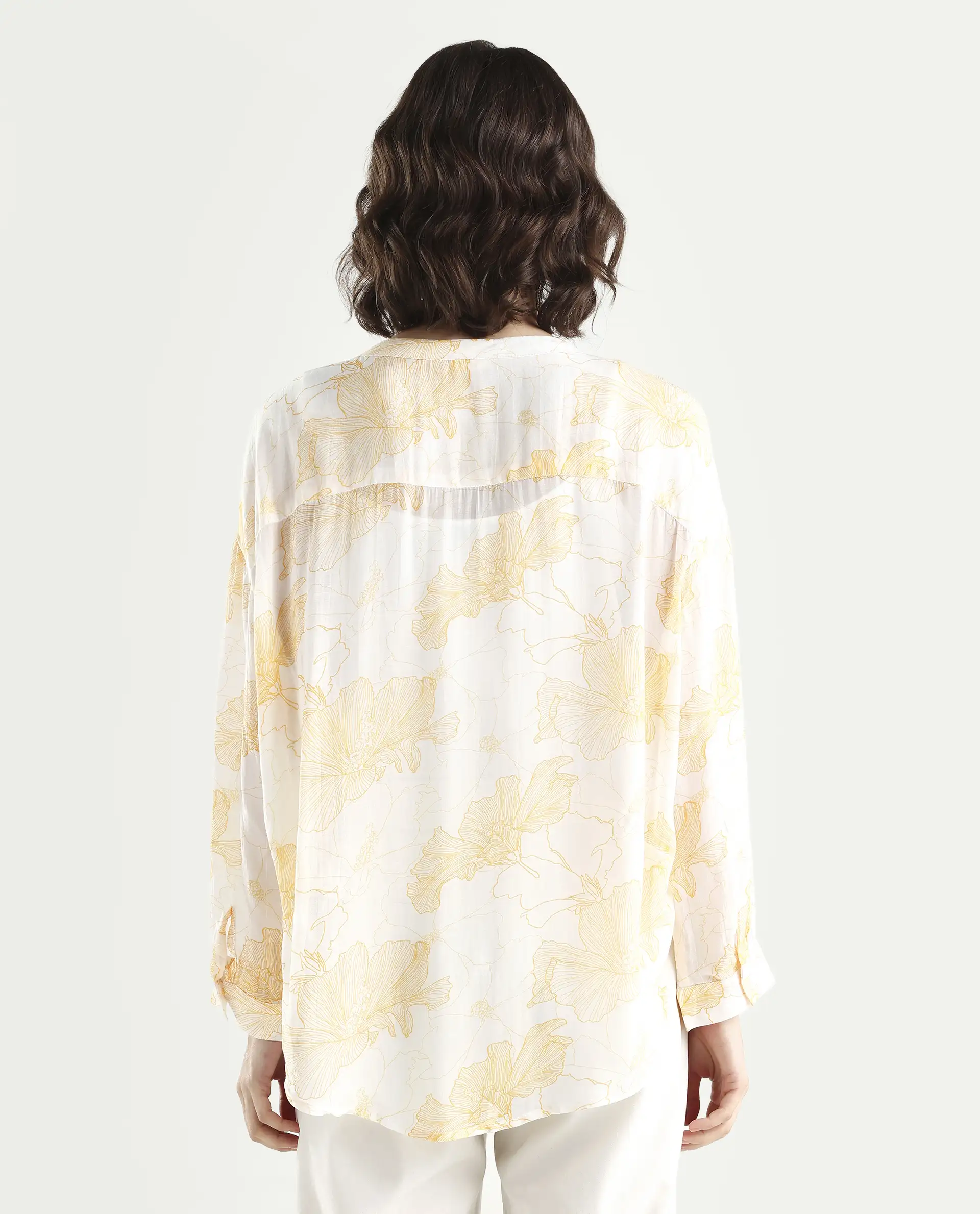 Rareism Women's Mayton Light Yellow Viscose Blend Mandarin Collar Floral Print Cuffed Sleeve Relaxed Fit Top - Image 7