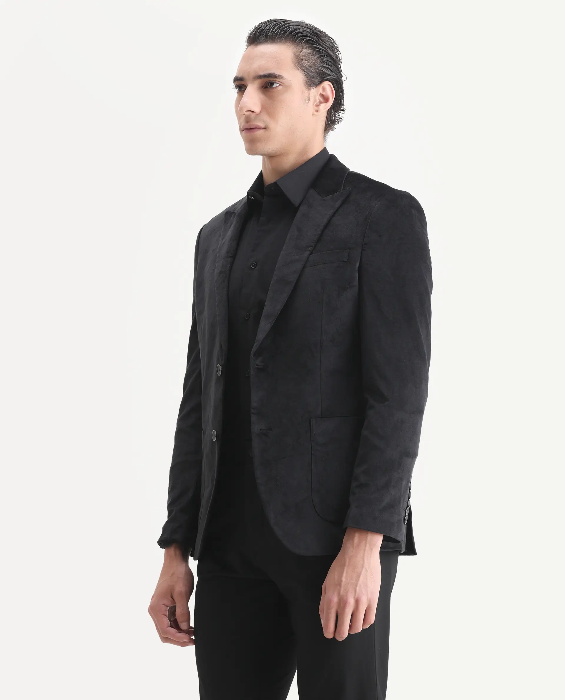Rare Rabbit Men's Mazey Black Velvet Plain Tailored Fit Full Sleeve Lapel Neck Blazer - Image 5