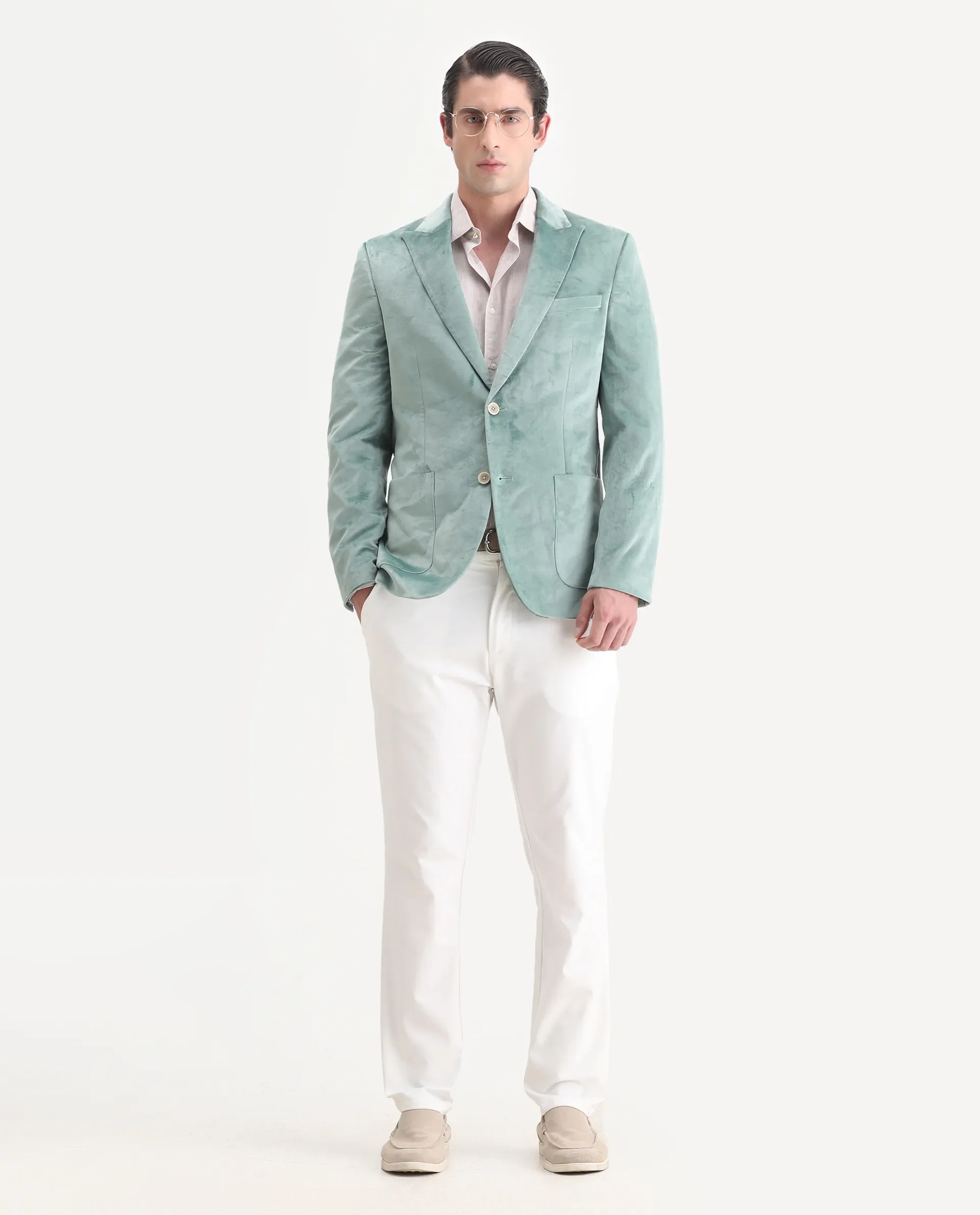 Rare Rabbit Men's Mazey Green Velvet Plain Tailored Fit Full Sleeve Lapel Neck Blazer - Image 2