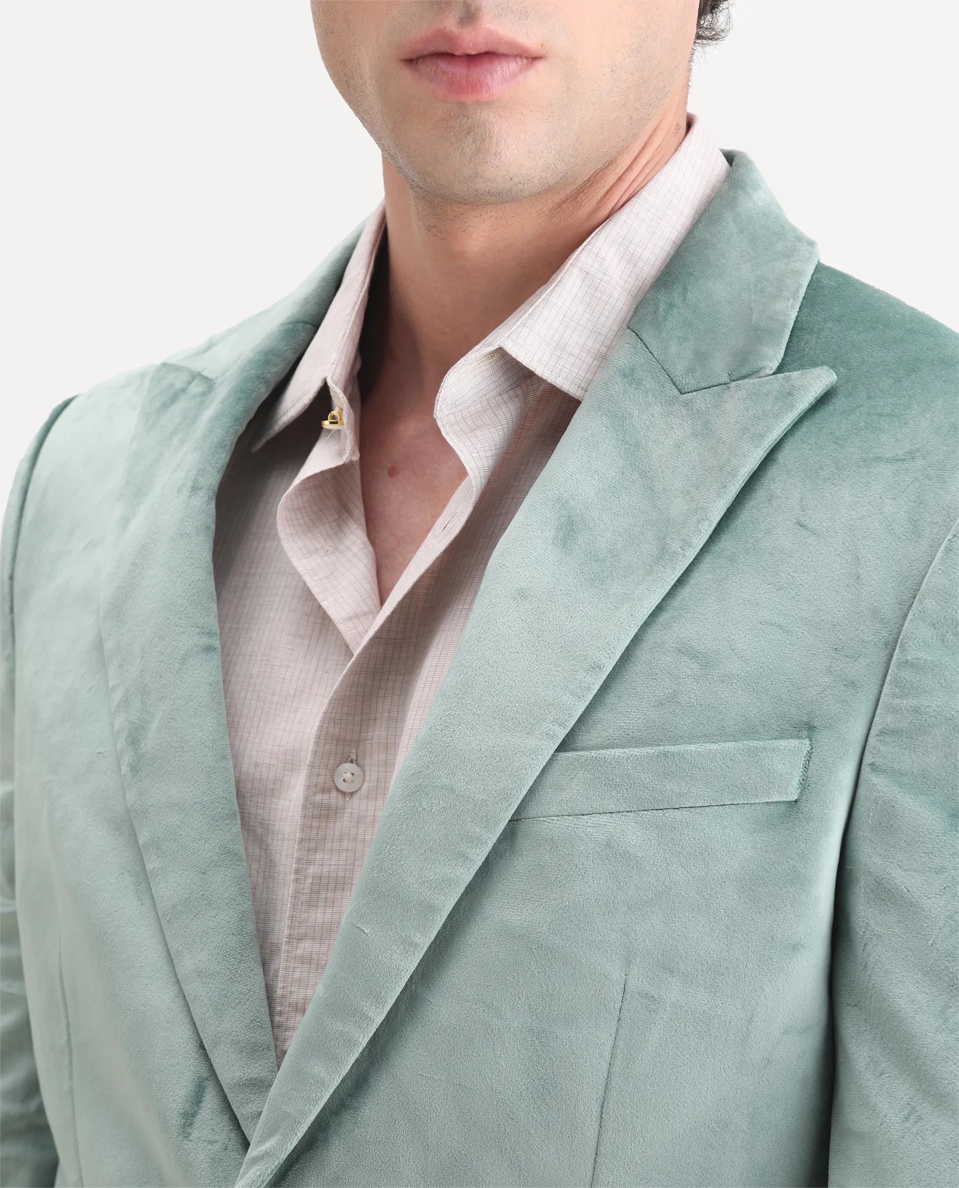 Rare Rabbit Men's Mazey Green Velvet Plain Tailored Fit Full Sleeve Lapel Neck Blazer - Image 3