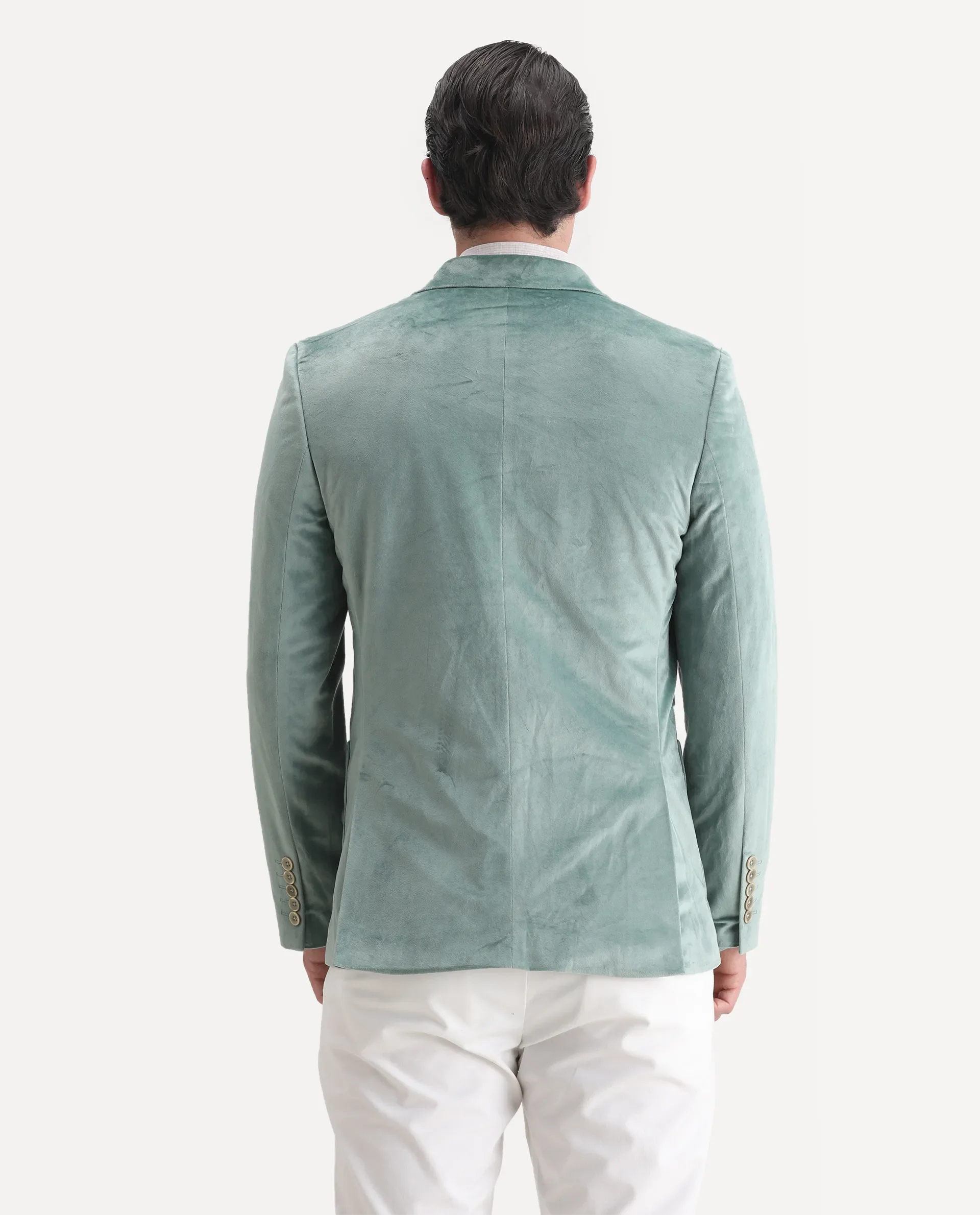 Rare Rabbit Men's Mazey Green Velvet Plain Tailored Fit Full Sleeve Lapel Neck Blazer - Image 6