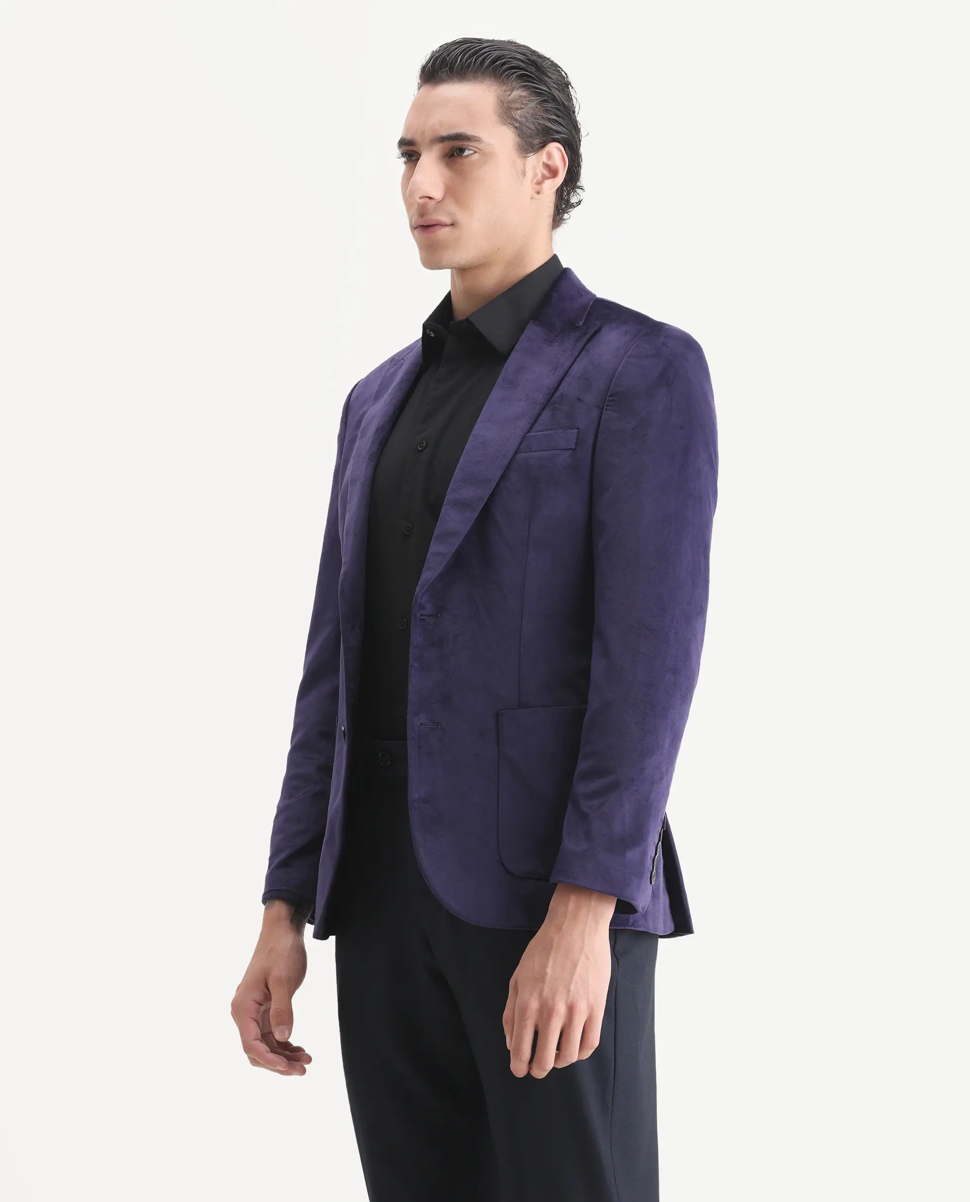 Rare Rabbit Men's Mazey Purple Velvet Plain Tailored Fit Full Sleeve Lapel Neck Blazer - Image 5