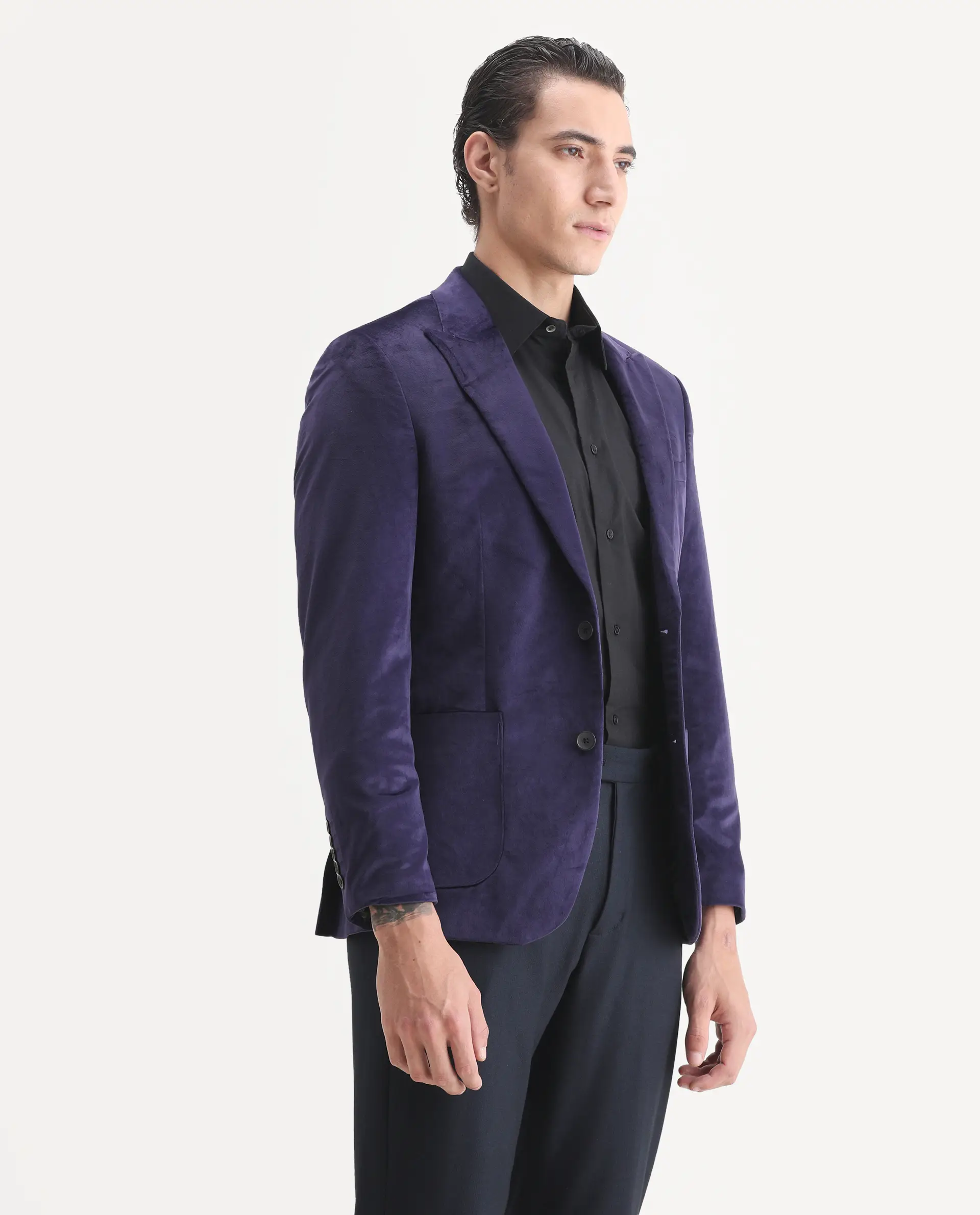 Rare Rabbit Men's Mazey Purple Velvet Plain Tailored Fit Full Sleeve Lapel Neck Blazer - Image 6