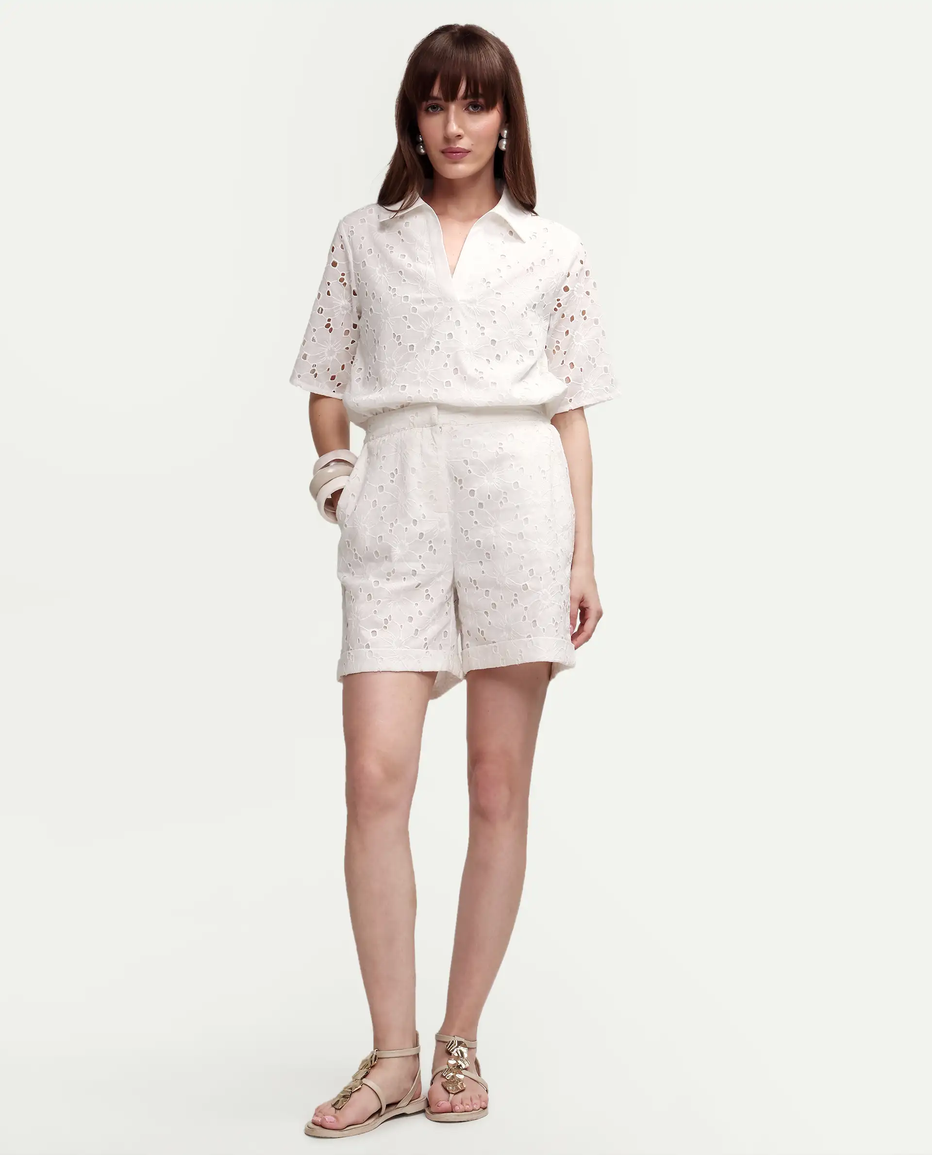 Rareism Women's Mazi-B Off White Cotton Regular Schiffli Shorts - Image 2