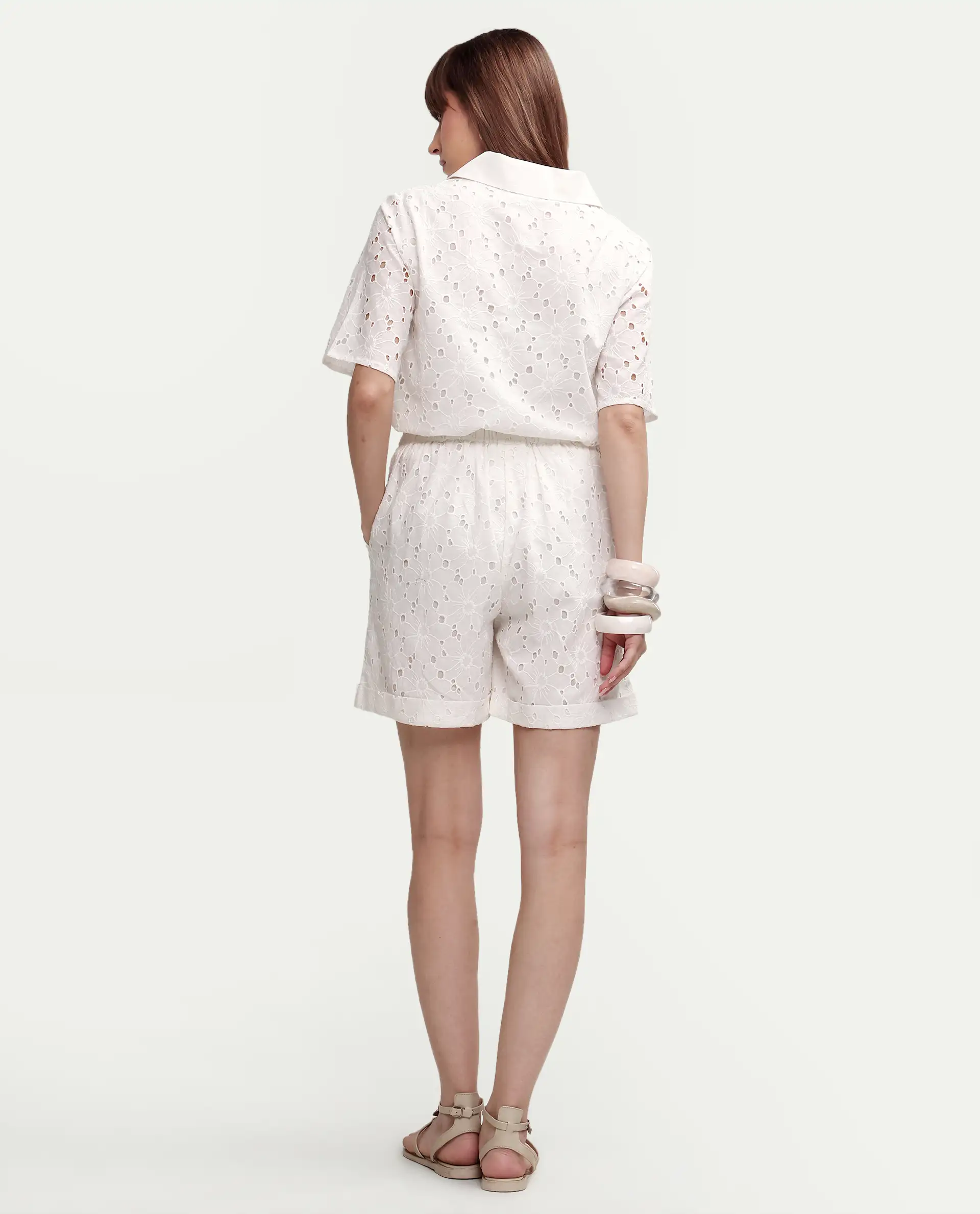Rareism Women's Mazi-B Off White Cotton Regular Schiffli Shorts - Image 7
