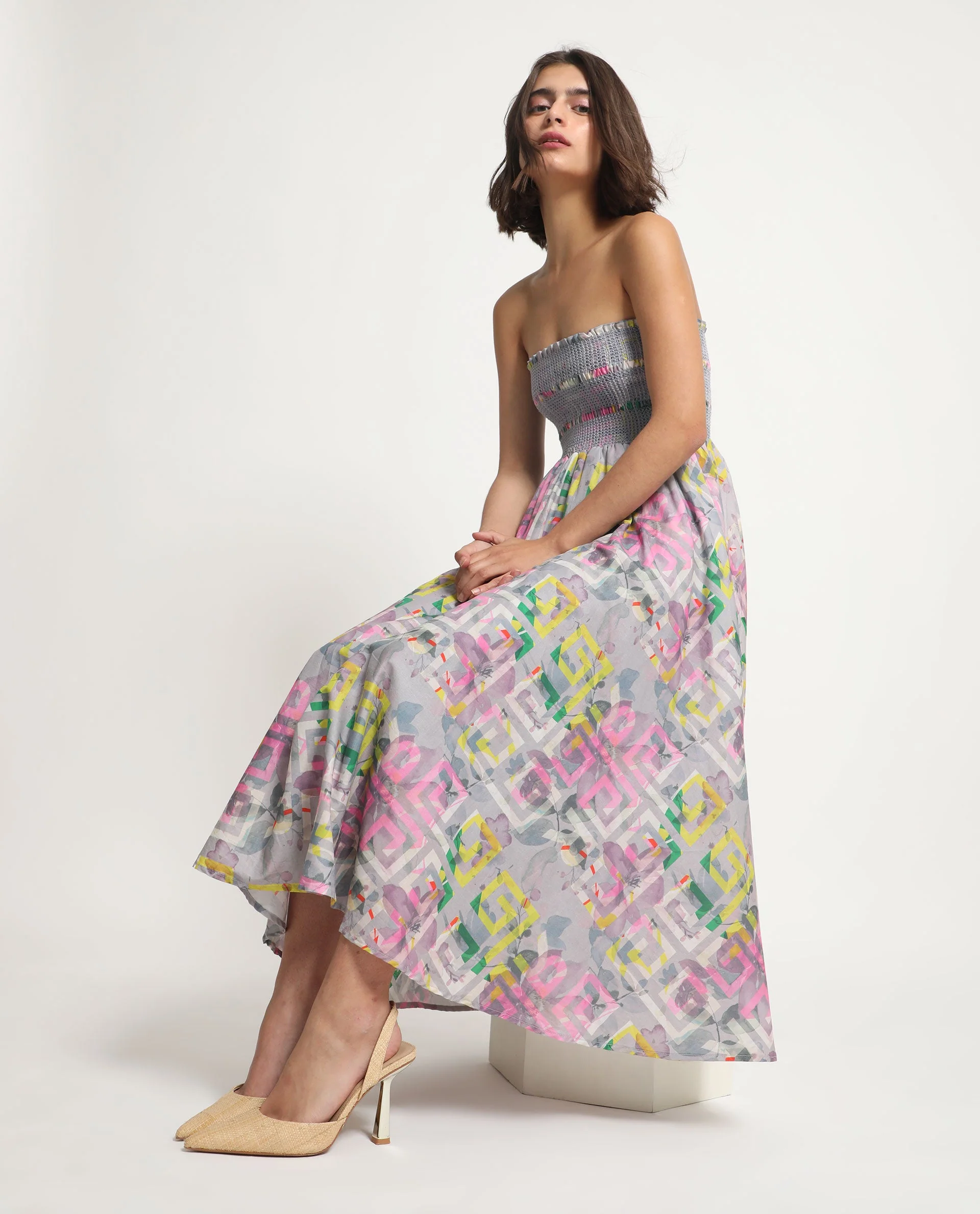 Rareism Women's Mazon Multi Cotton Tube Neck Floral Print Shoulder Strap Midi Fit And Flare Dress