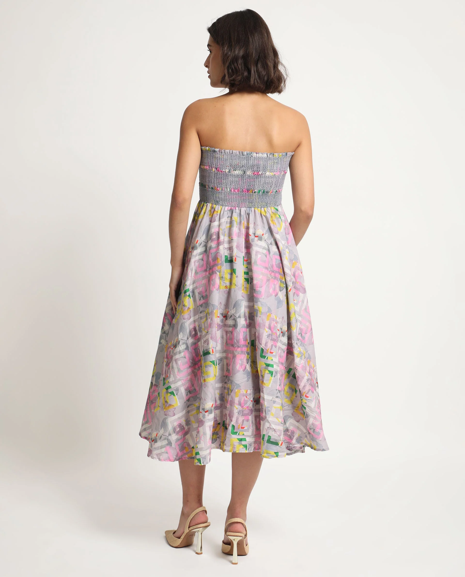 Rareism Women's Mazon Multi Cotton Tube Neck Floral Print Shoulder Strap Midi Fit And Flare Dress - Image 11