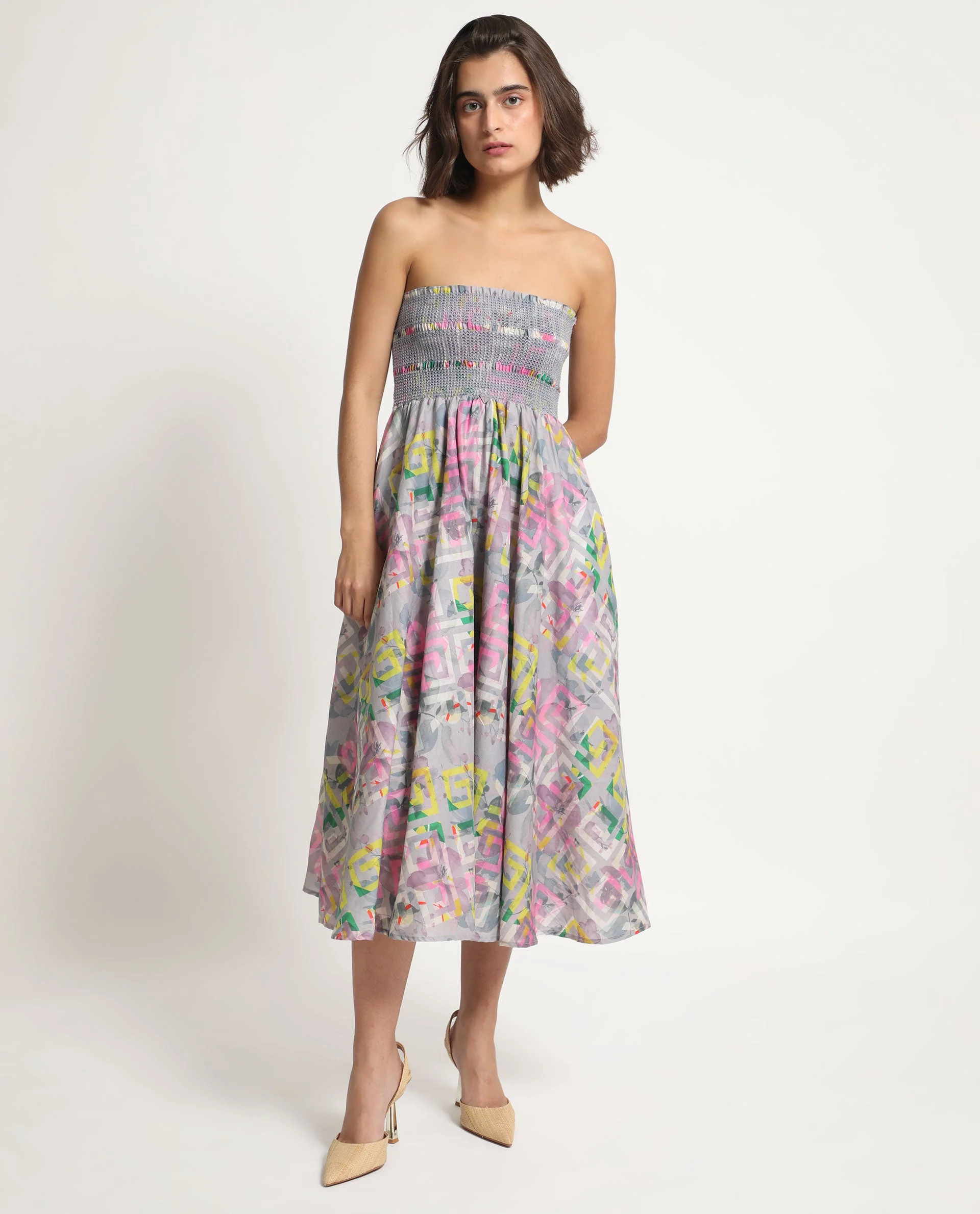 Rareism Women's Mazon Multi Cotton Tube Neck Floral Print Shoulder Strap Midi Fit And Flare Dress - Image 2