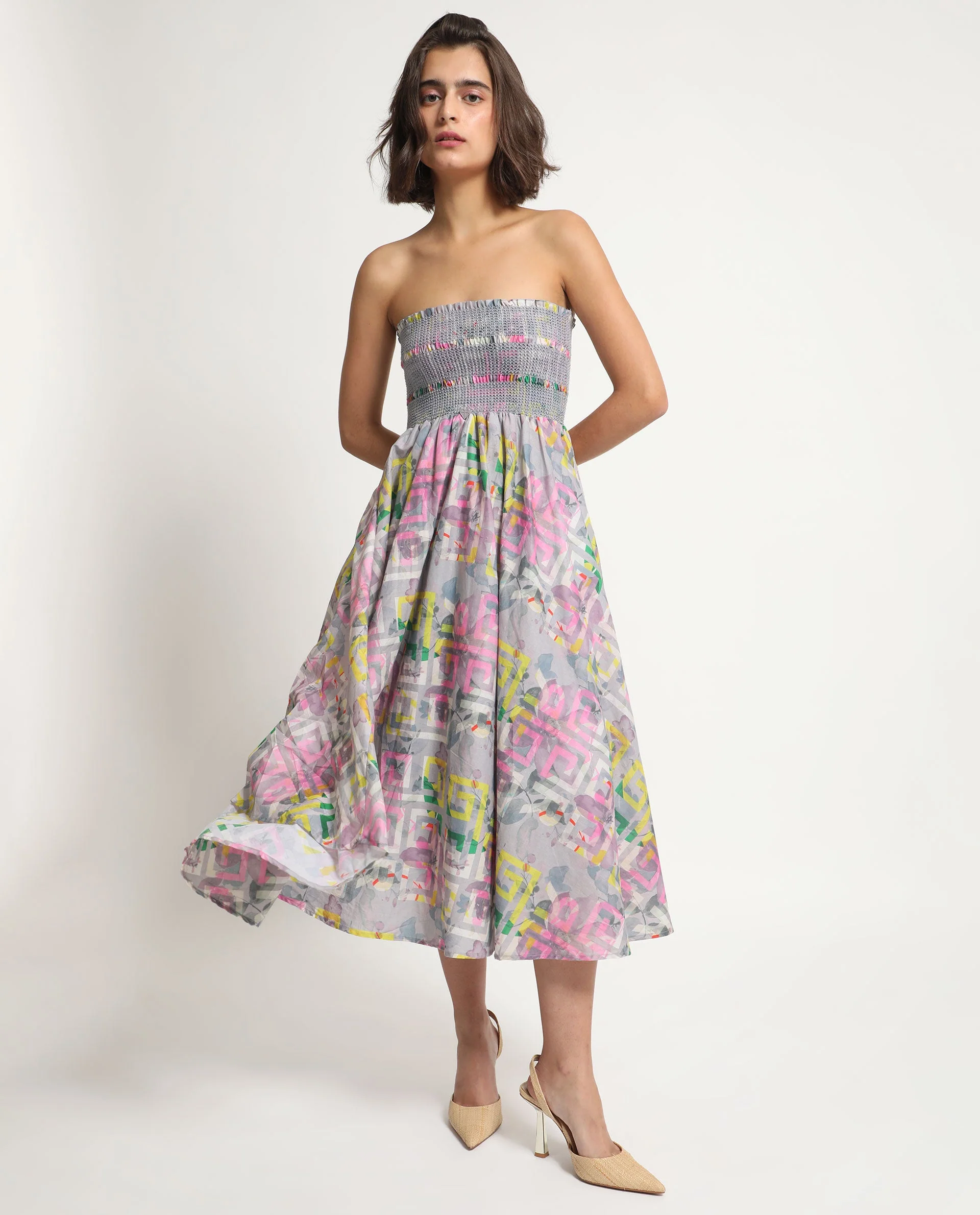Rareism Women's Mazon Multi Cotton Tube Neck Floral Print Shoulder Strap Midi Fit And Flare Dress - Image 4