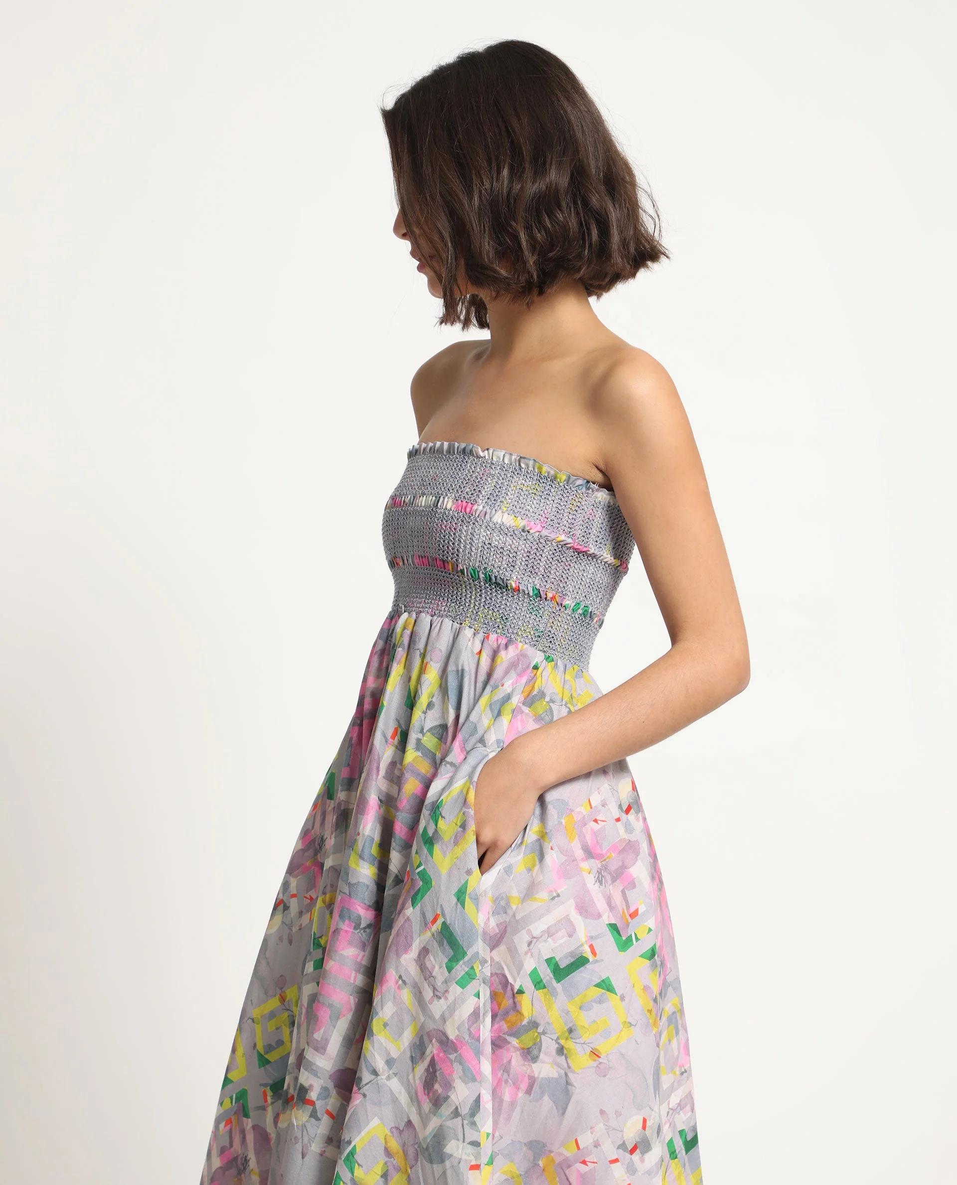 Rareism Women's Mazon Multi Cotton Tube Neck Floral Print Shoulder Strap Midi Fit And Flare Dress - Image 5