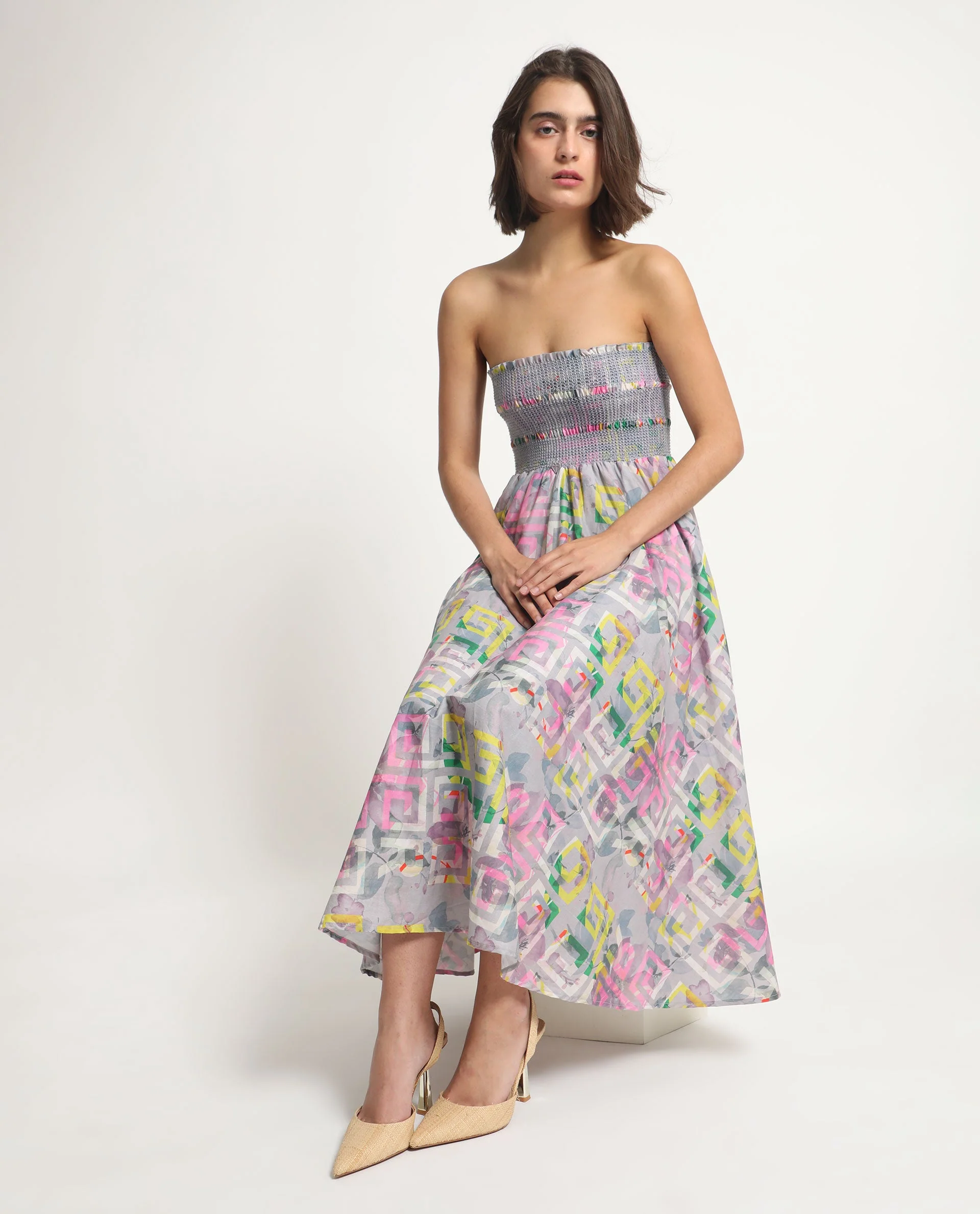 Rareism Women's Mazon Multi Cotton Tube Neck Floral Print Shoulder Strap Midi Fit And Flare Dress - Image 6