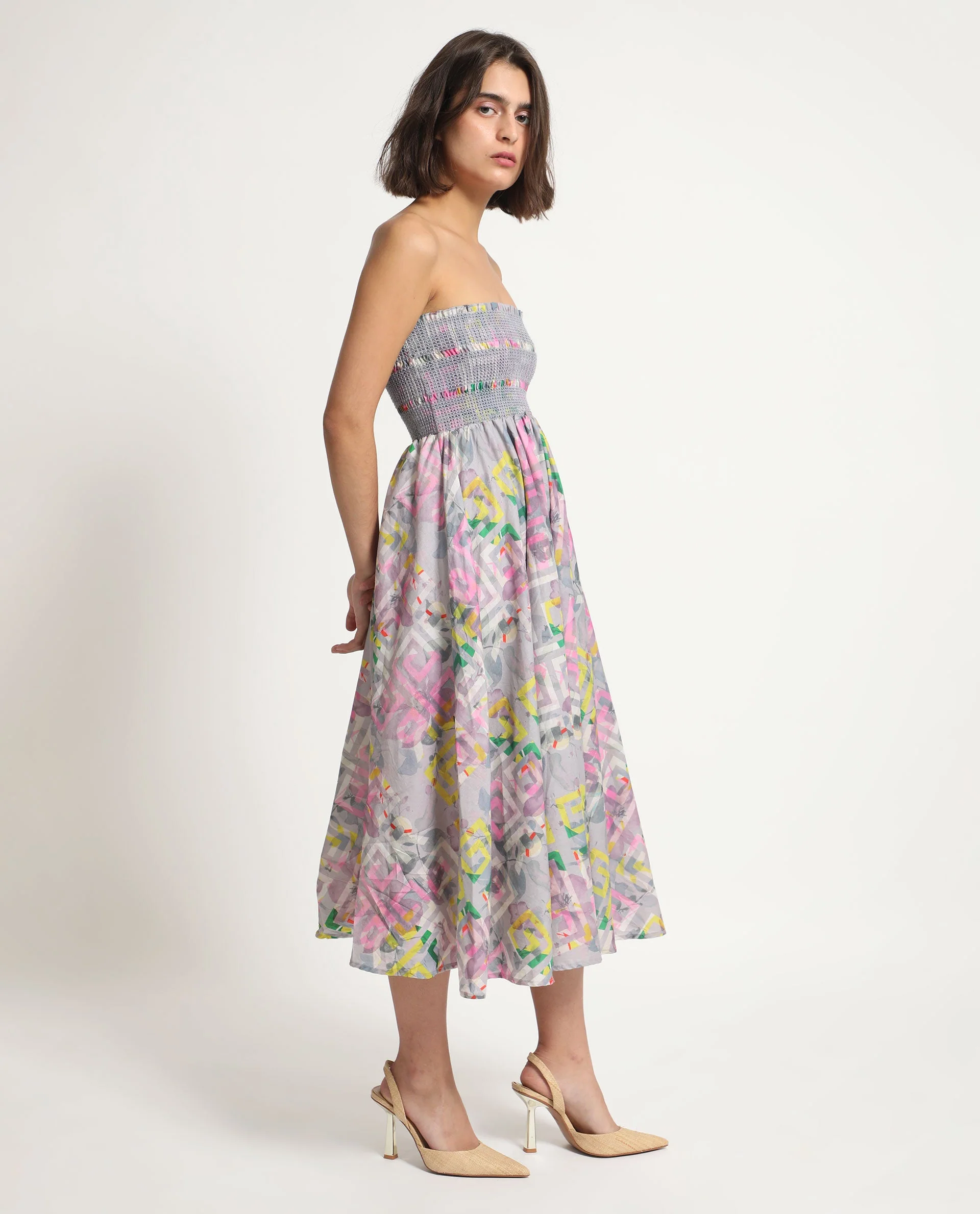 Rareism Women's Mazon Multi Cotton Tube Neck Floral Print Shoulder Strap Midi Fit And Flare Dress - Image 7