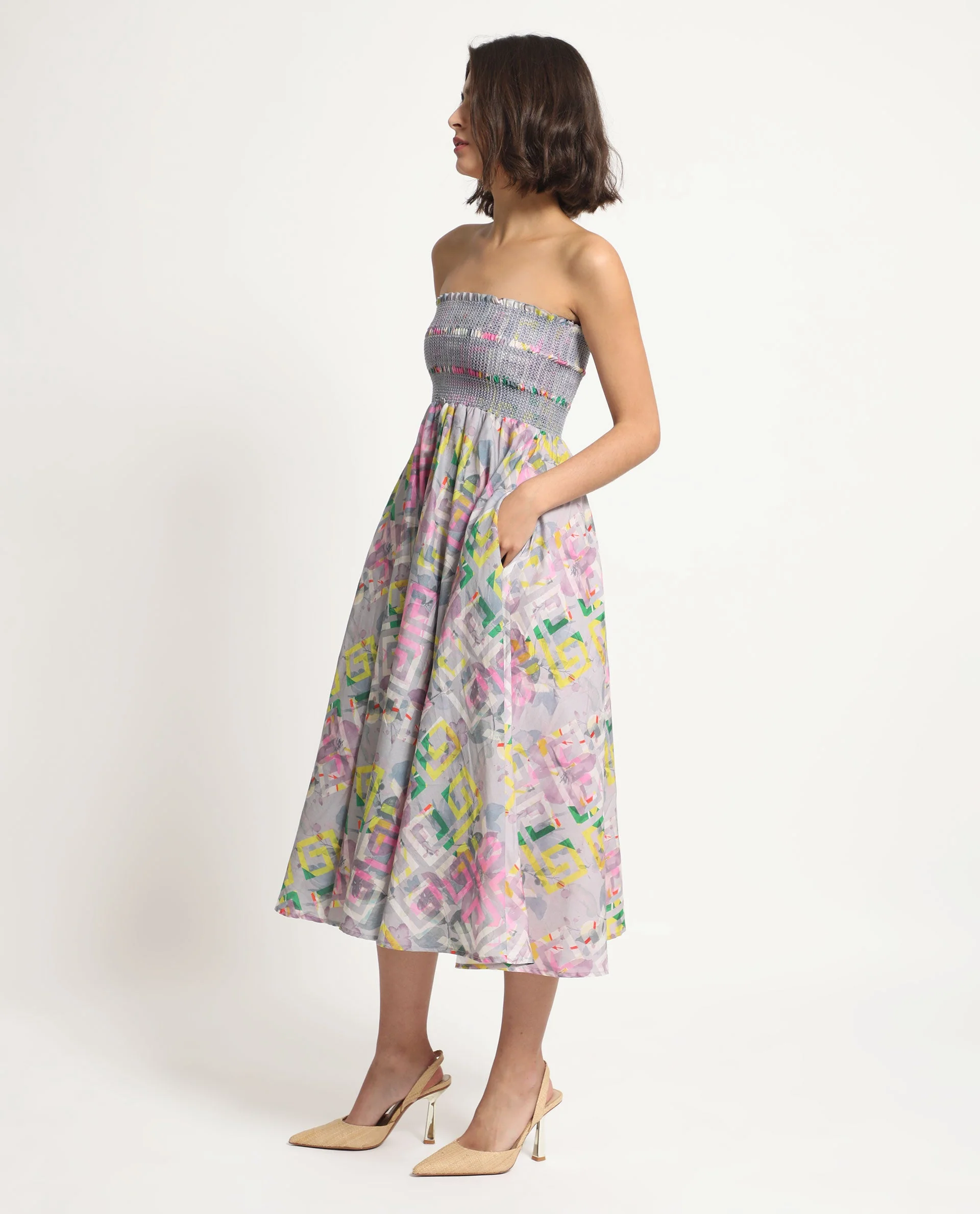 Rareism Women's Mazon Multi Cotton Tube Neck Floral Print Shoulder Strap Midi Fit And Flare Dress - Image 9