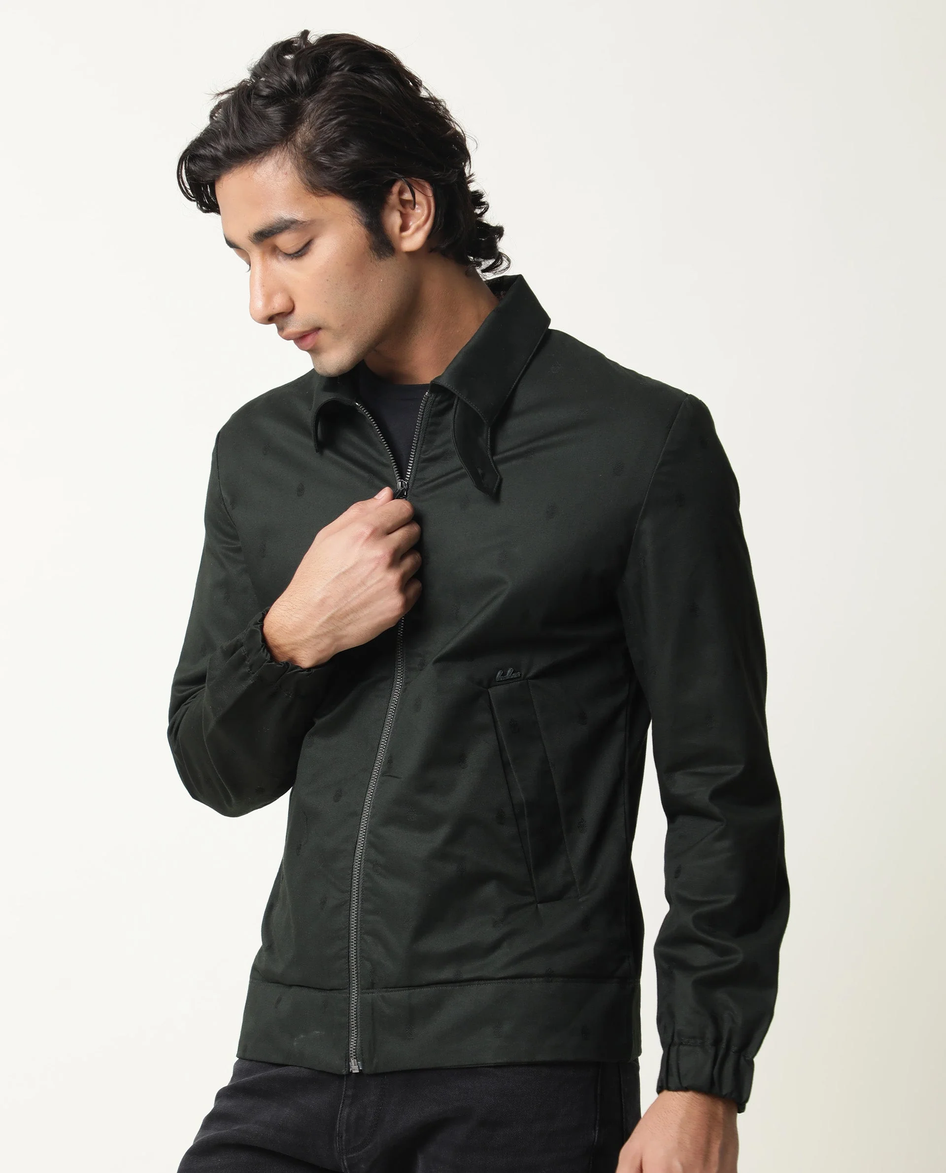 Rare Rabbit Men's Mazzer Green Cotton Plain Slim Fit Full Sleeve Spread Collar Jacket