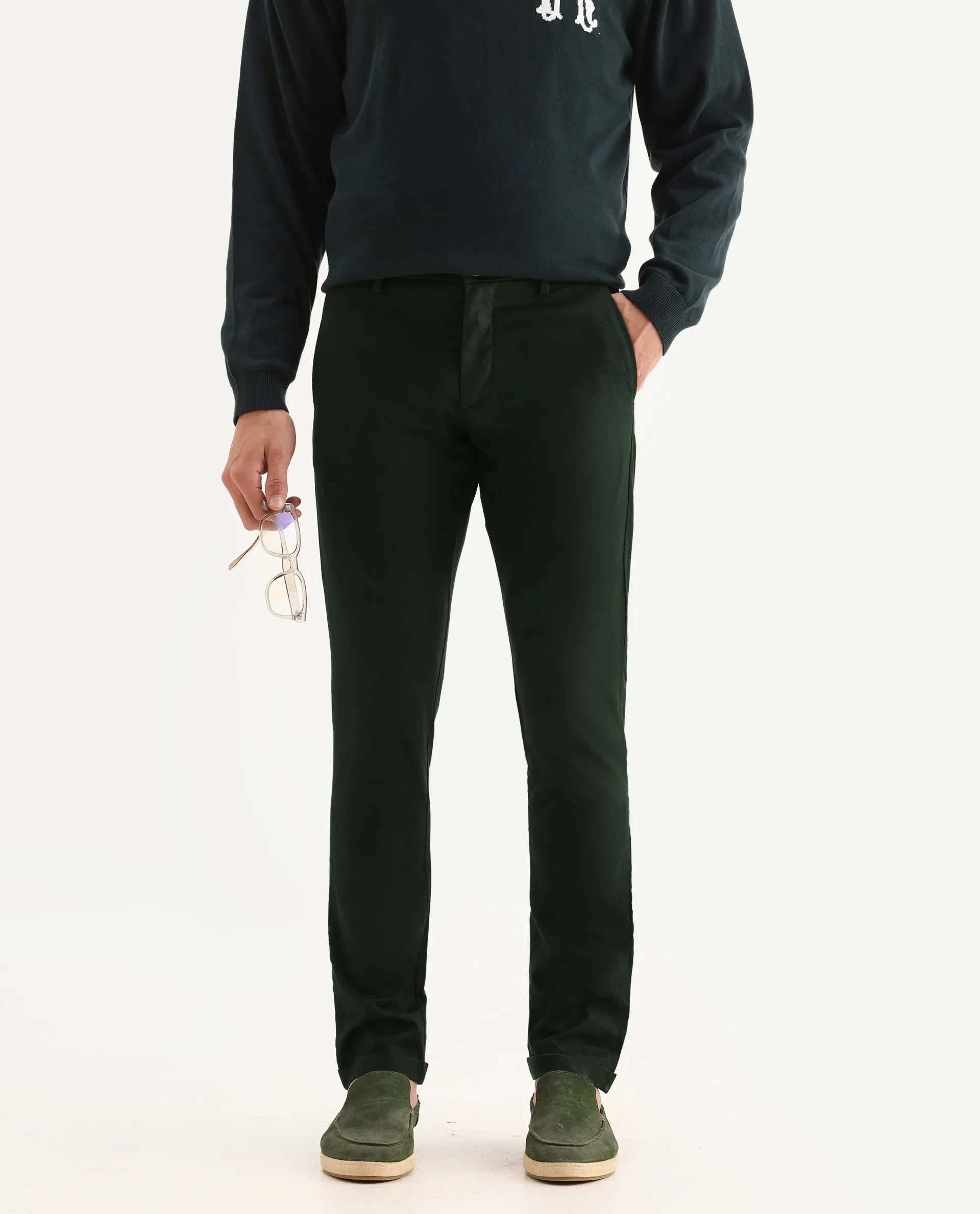 Rare Rabbit Men's Mazzio Green Cotton Jacquard Slim Fit Trouser - Image 2
