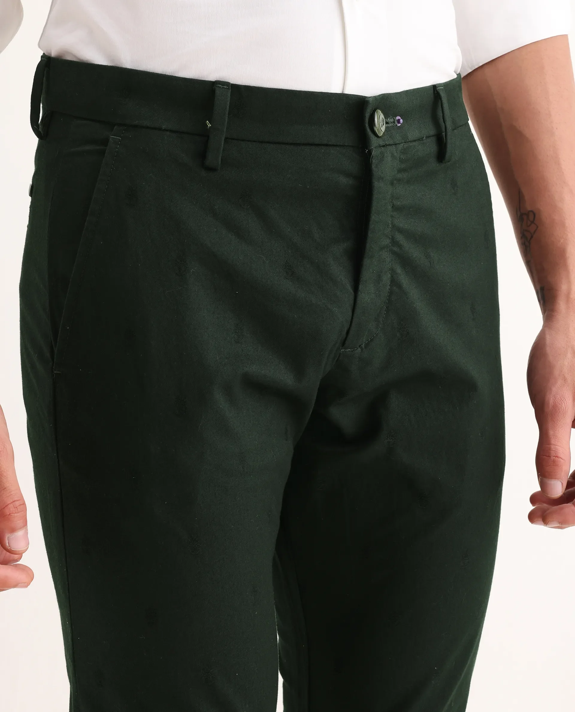 Rare Rabbit Men's Mazzio Green Cotton Jacquard Slim Fit Trouser - Image 3