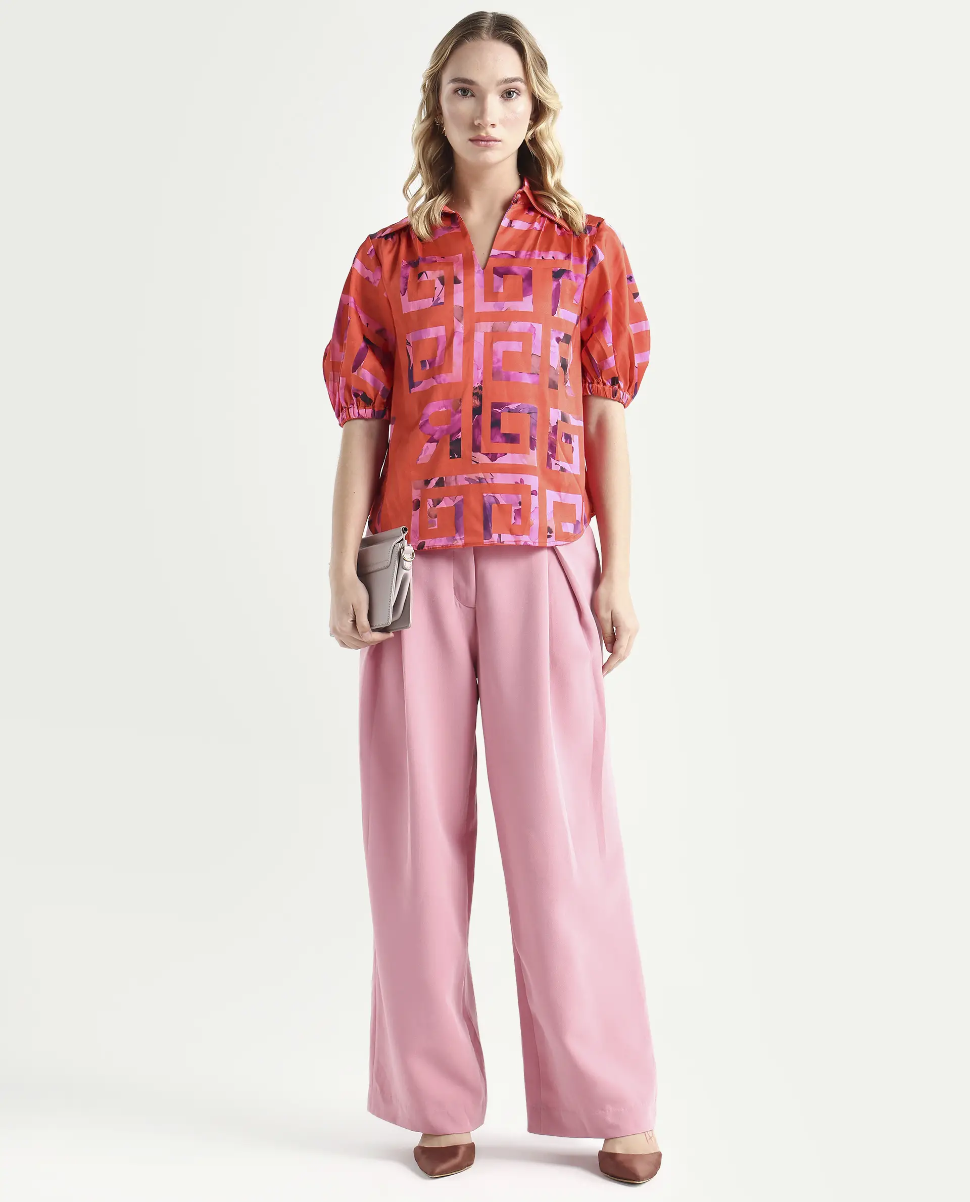 Rareism Women's Mclean Pink Polyester Spread Collar Geometric Print Regular Fit Shrug - Image 2