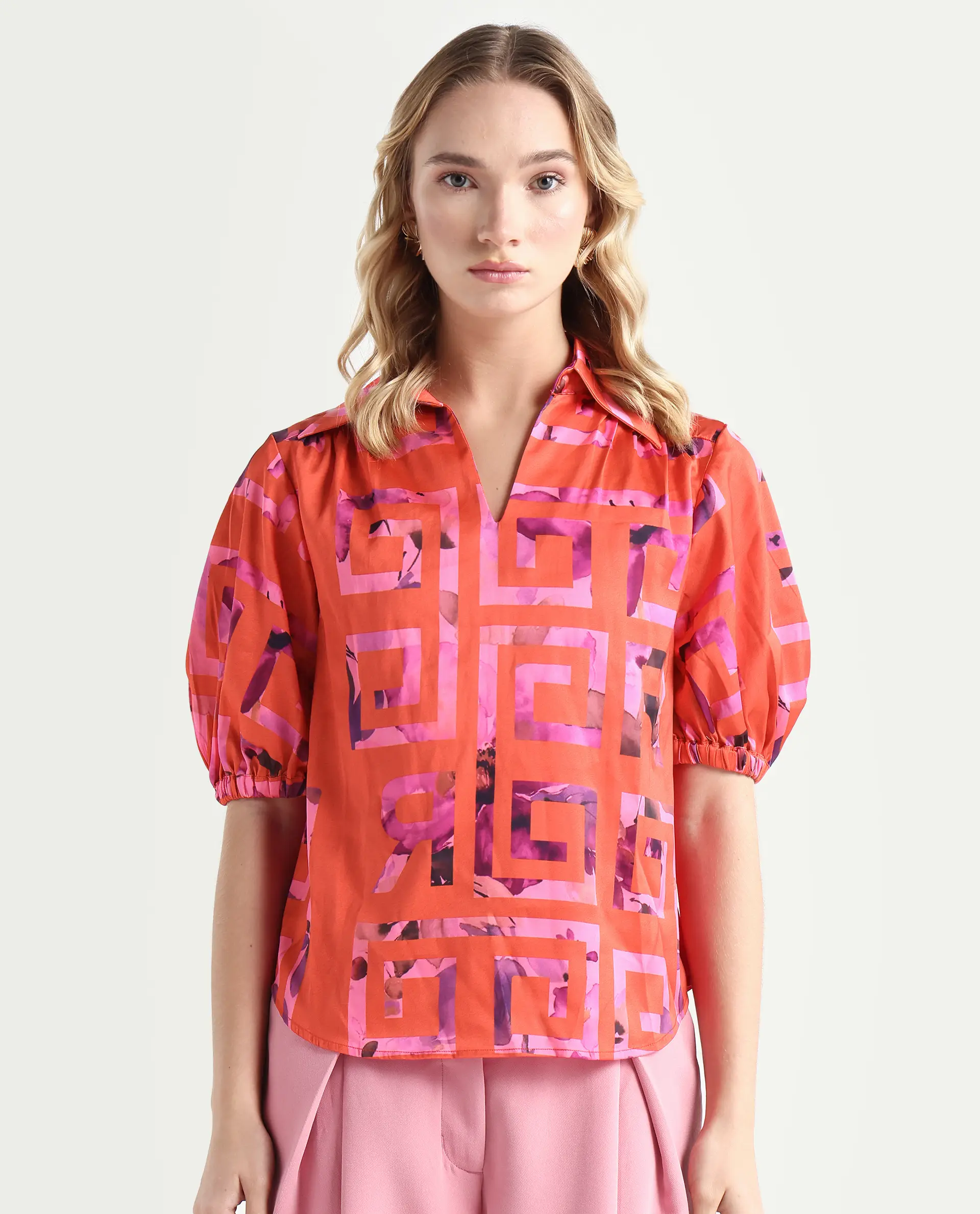 Rareism Women's Mclean Pink Polyester Spread Collar Geometric Print Regular Fit Shrug - Image 3