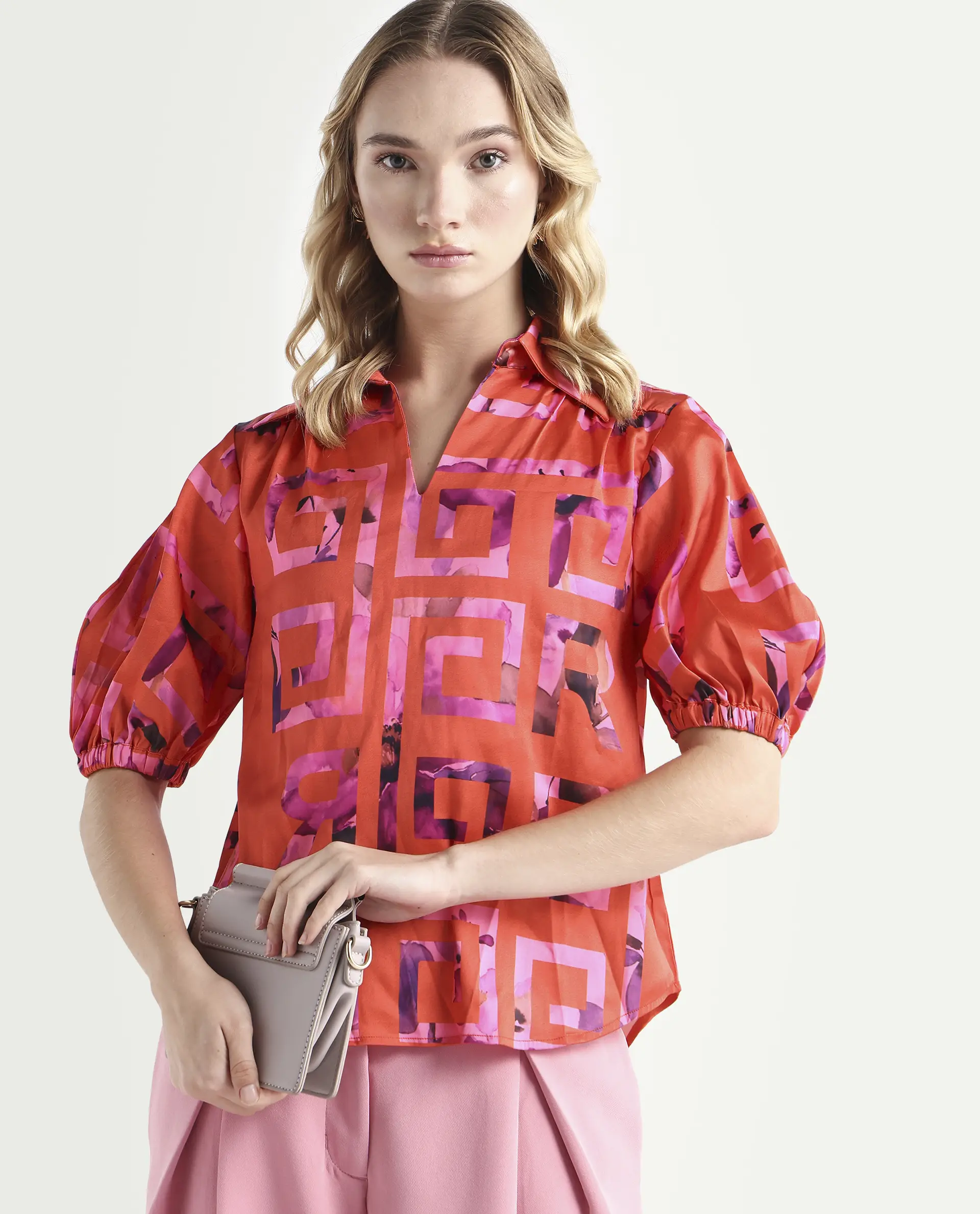 Rareism Women's Mclean Pink Polyester Spread Collar Geometric Print Regular Fit Shrug - Image 4