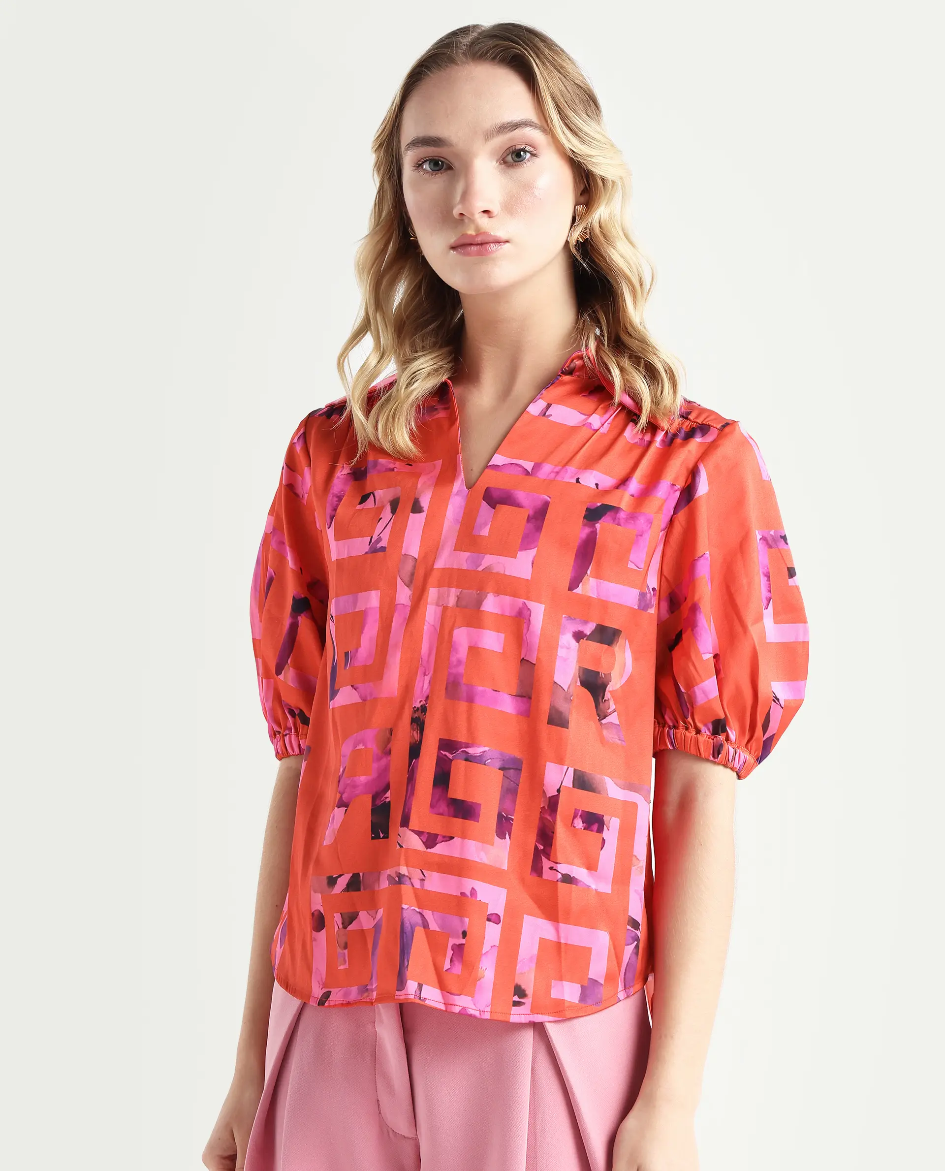 Rareism Women's Mclean Pink Polyester Spread Collar Geometric Print Regular Fit Shrug - Image 5