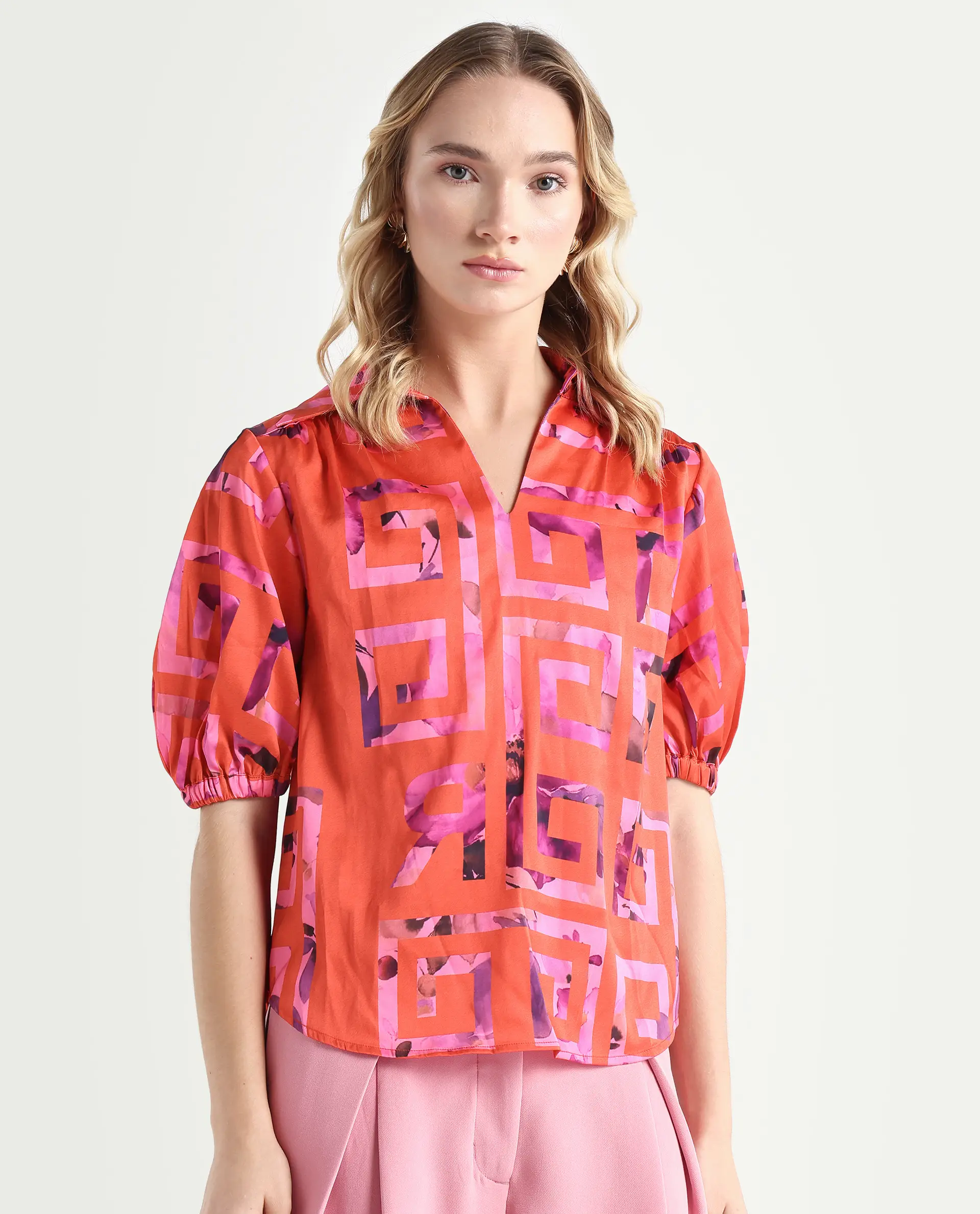 Rareism Women's Mclean Pink Polyester Spread Collar Geometric Print Regular Fit Shrug - Image 6