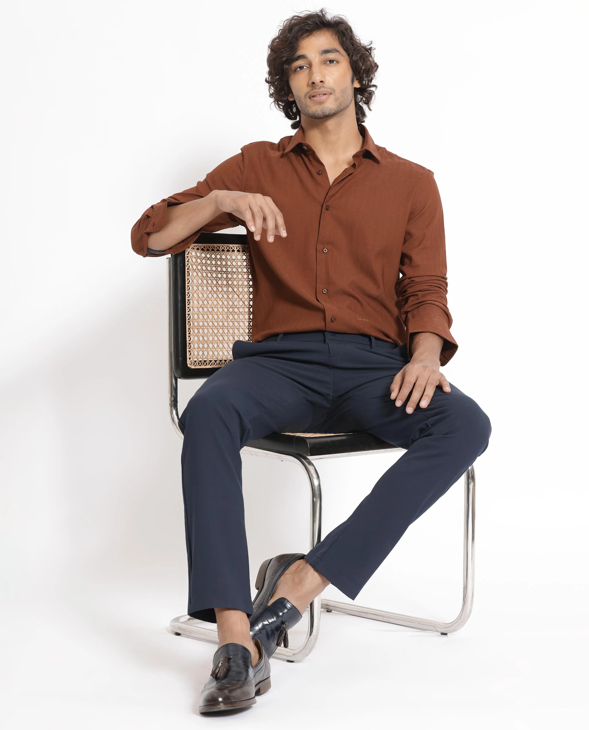 Rare Rabbit Men's Me Brown Polyester Plain Regular Fit Full Sleeve Collared Shirt - Image 2