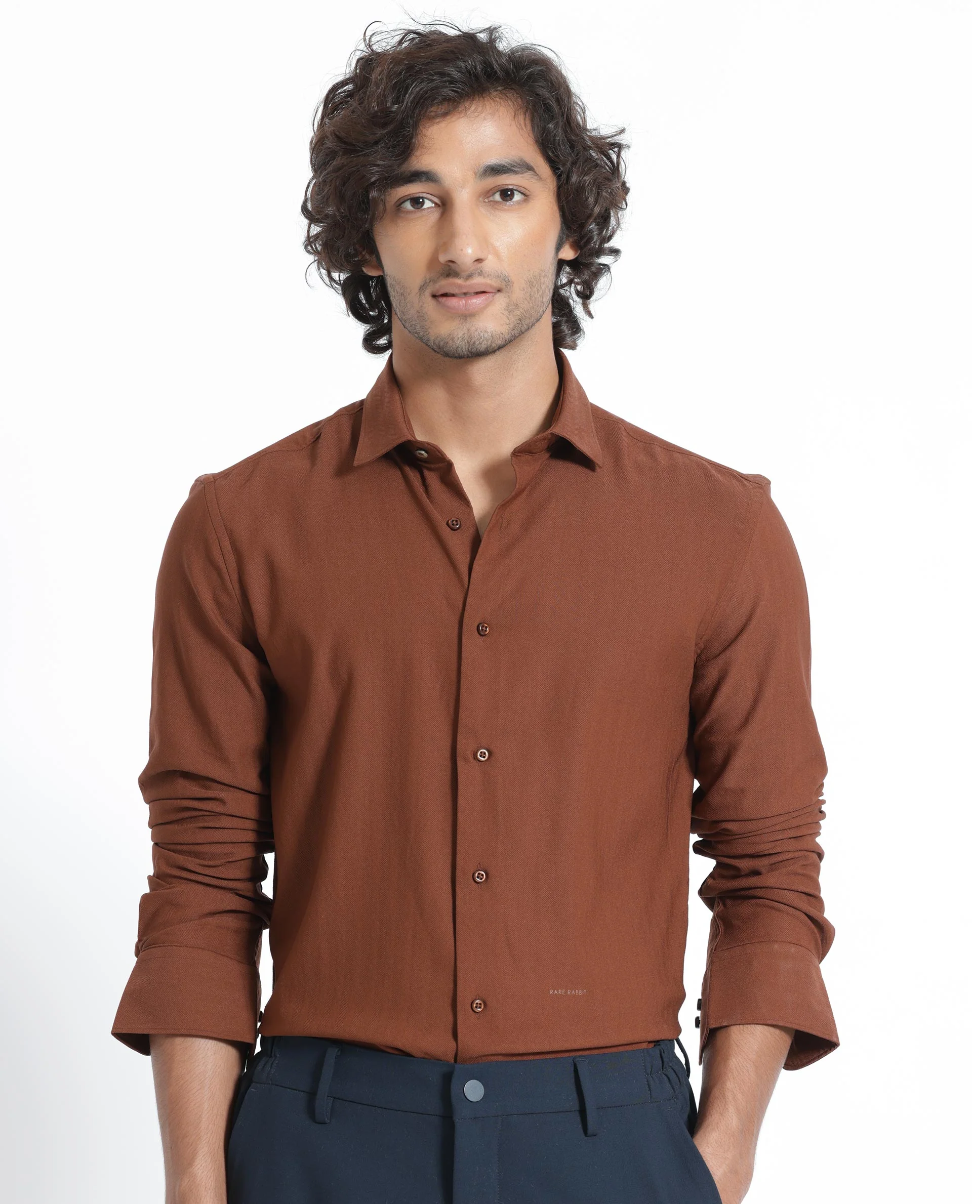 Rare Rabbit Men's Me Brown Polyester Plain Regular Fit Full Sleeve Collared Shirt - Image 5