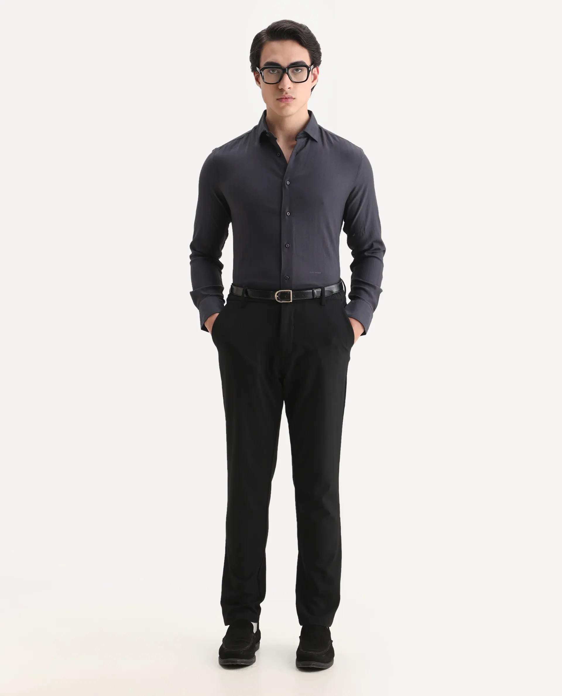 Rare Rabbit Men's Me Dark Grey Polyester Plain Regular Fit Full Sleeve Collared Shirt - Image 2