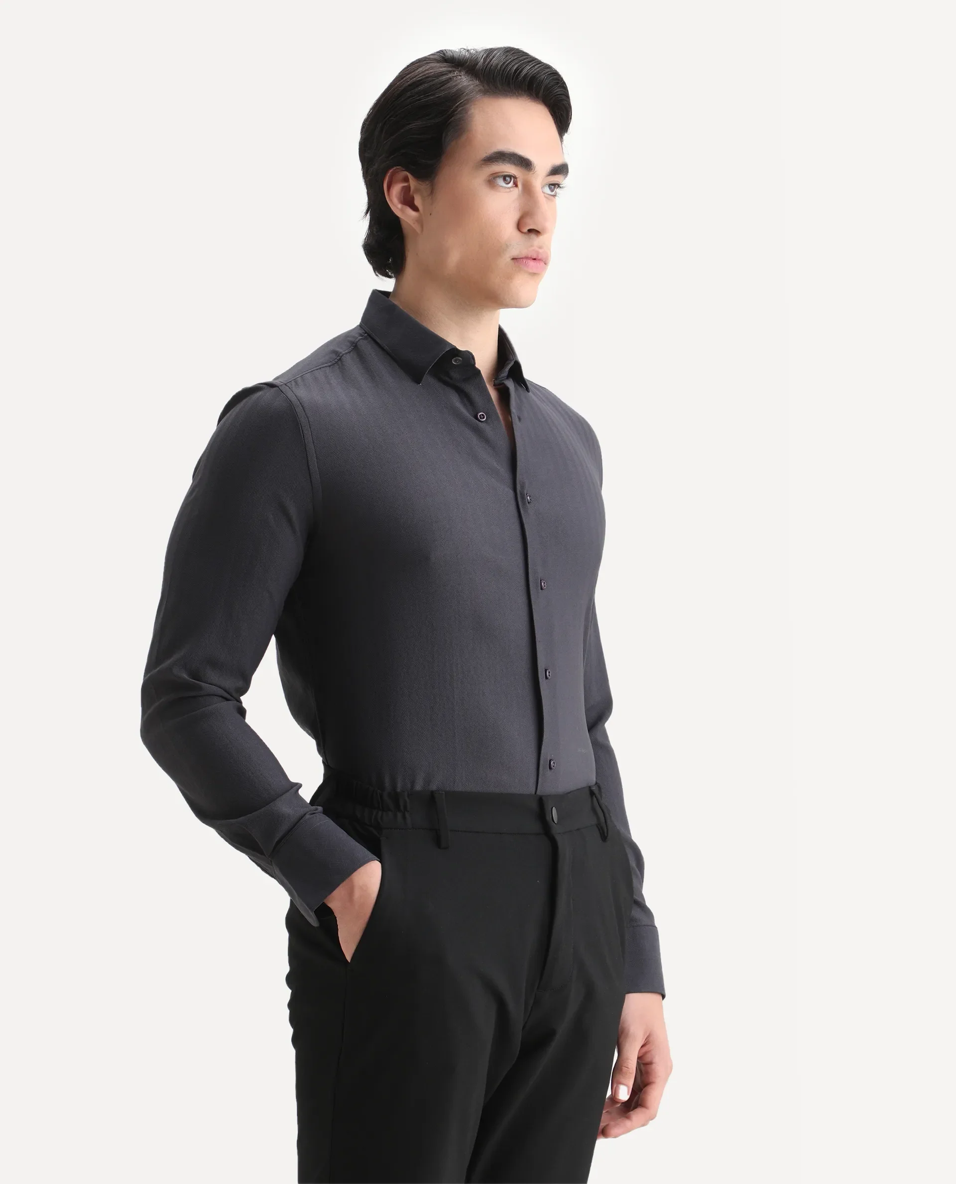 Rare Rabbit Men's Me Dark Grey Polyester Plain Regular Fit Full Sleeve Collared Shirt - Image 6