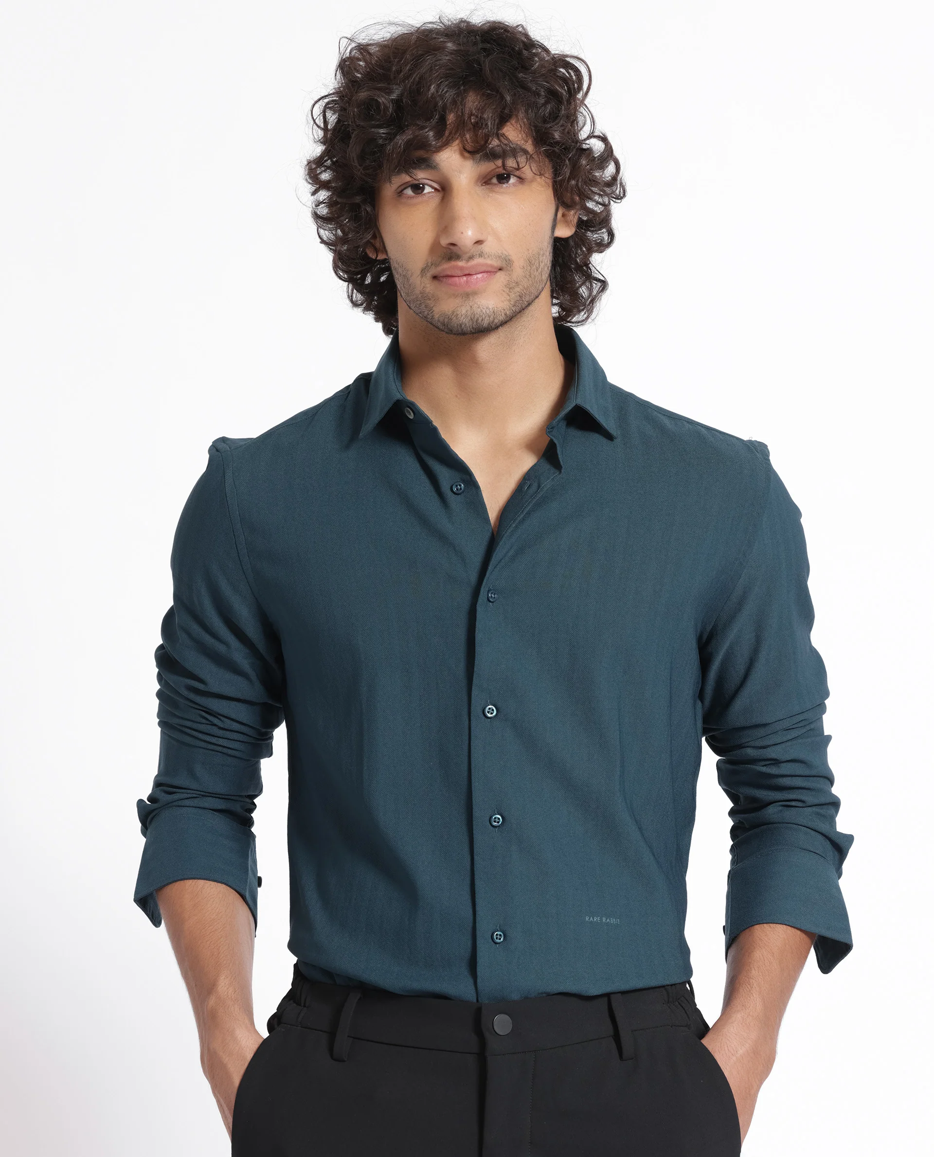Rare Rabbit Men's Me Green Polyester Plain Regular Fit Full Sleeve Collared Shirt - Image 2