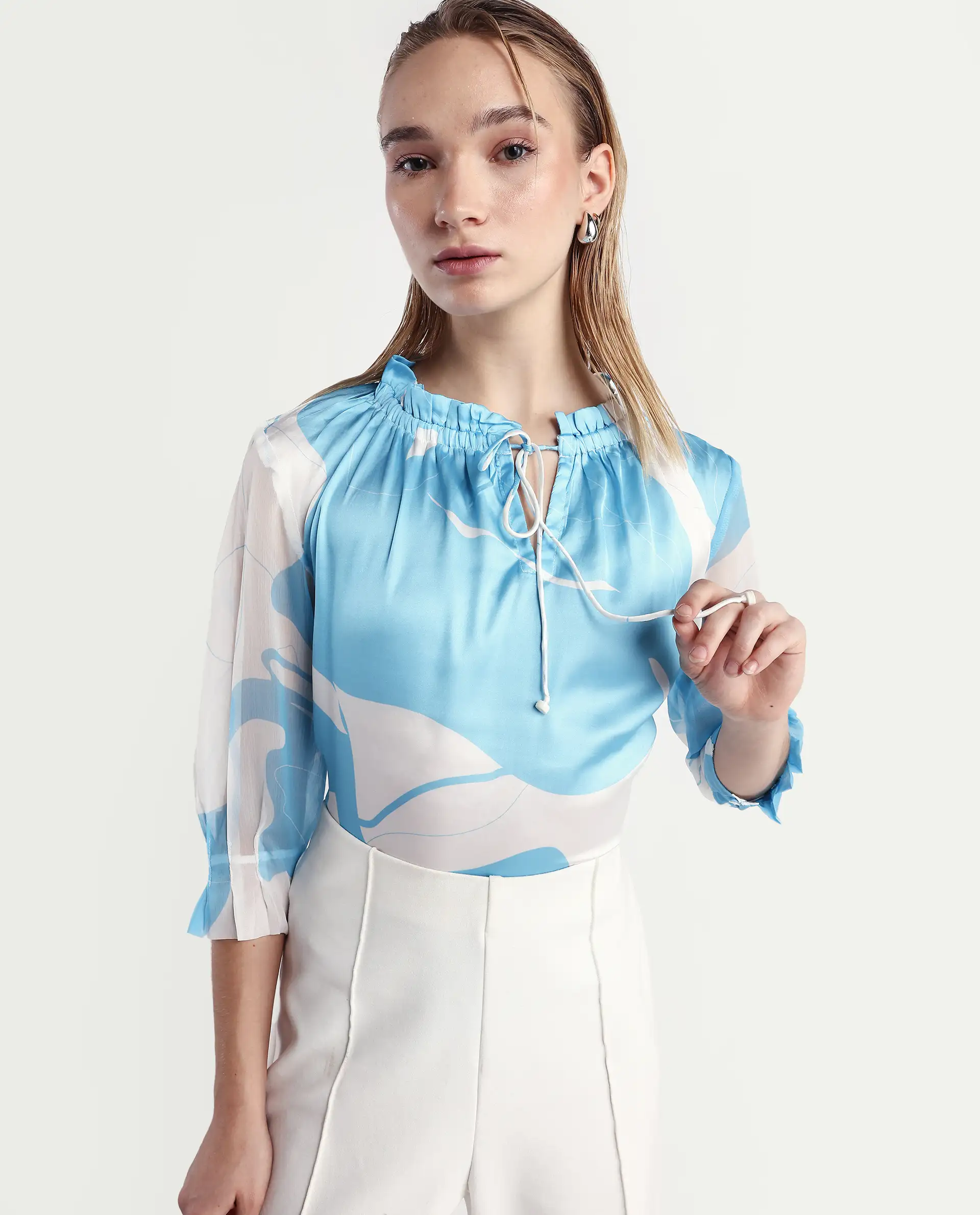 Rareism Women's Meara Blue Polyester Tie-Up Neck Abstract Print Ruffled Sleeve Regular Fit Top