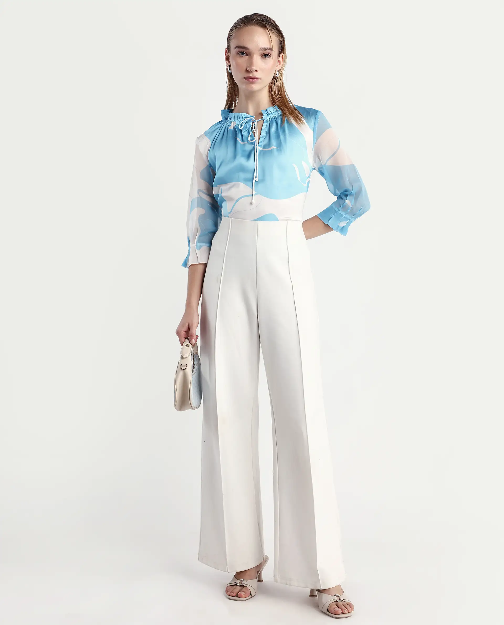 Rareism Women's Meara Blue Polyester Tie-Up Neck Abstract Print Ruffled Sleeve Regular Fit Top - Image 2