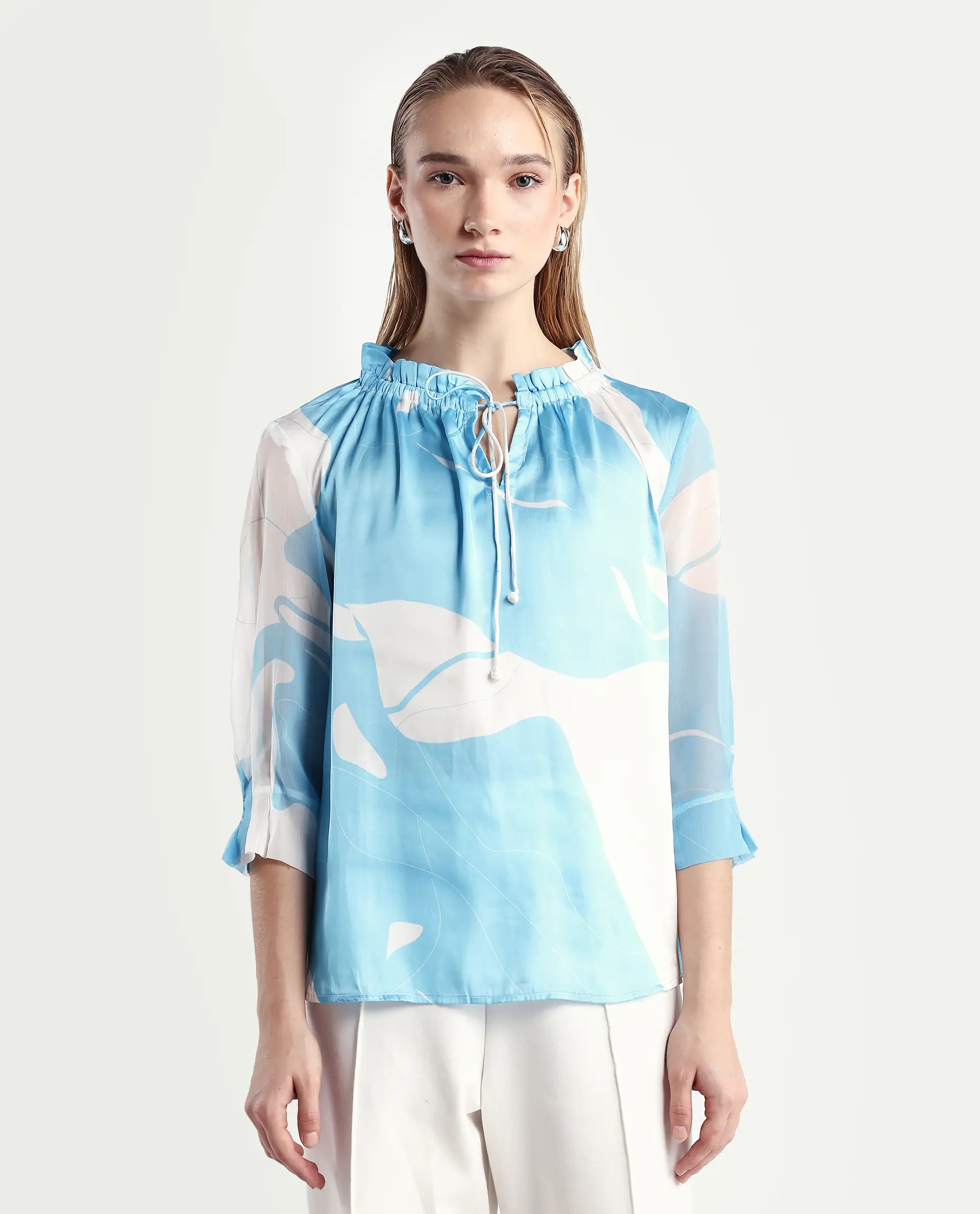Rareism Women's Meara Blue Polyester Tie-Up Neck Abstract Print Ruffled Sleeve Regular Fit Top - Image 3