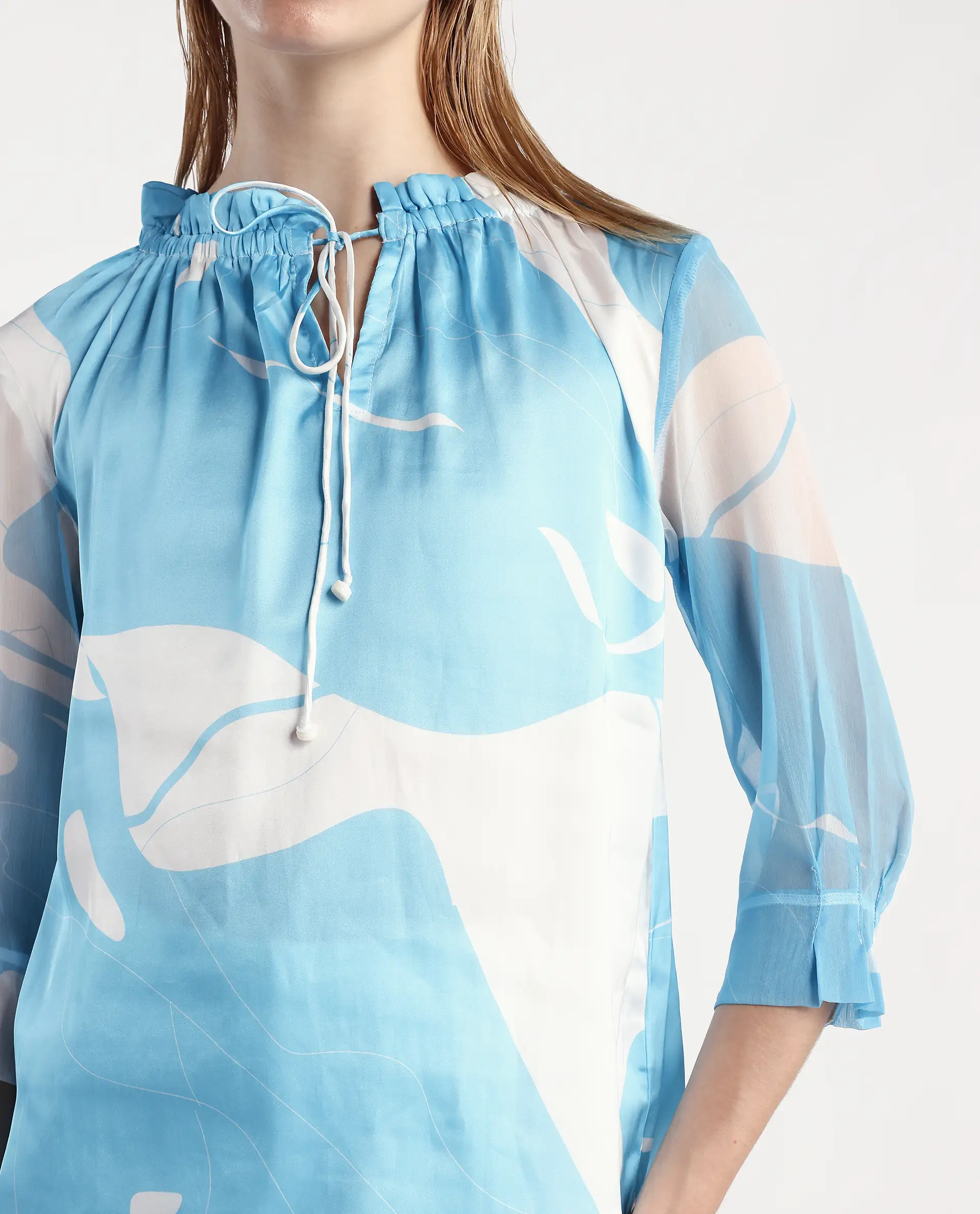 Rareism Women's Meara Blue Polyester Tie-Up Neck Abstract Print Ruffled Sleeve Regular Fit Top - Image 4