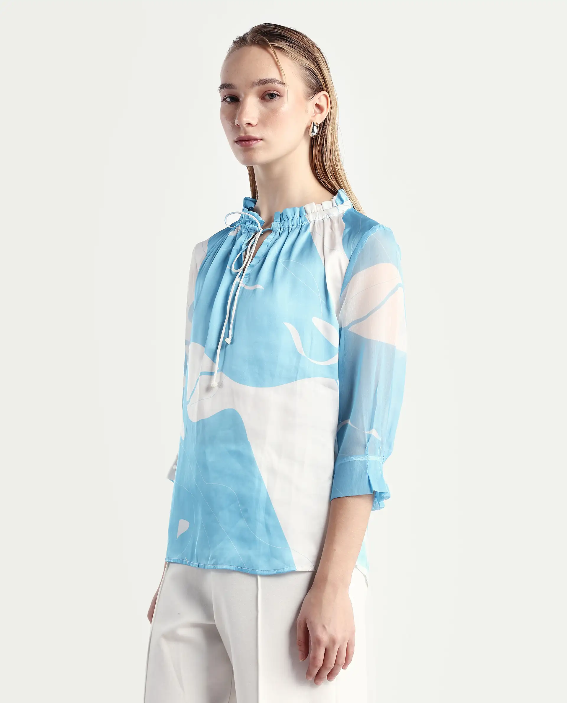 Rareism Women's Meara Blue Polyester Tie-Up Neck Abstract Print Ruffled Sleeve Regular Fit Top - Image 5