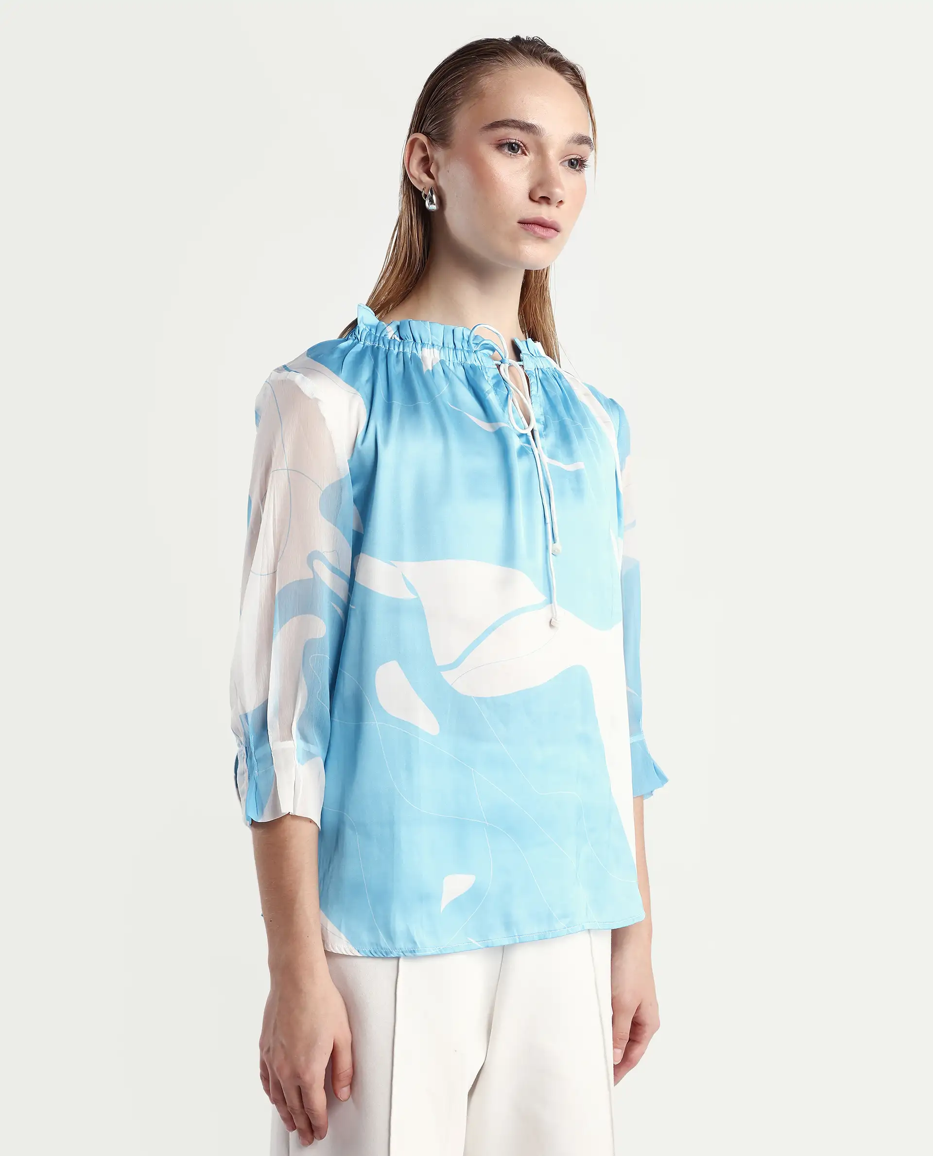 Rareism Women's Meara Blue Polyester Tie-Up Neck Abstract Print Ruffled Sleeve Regular Fit Top - Image 6