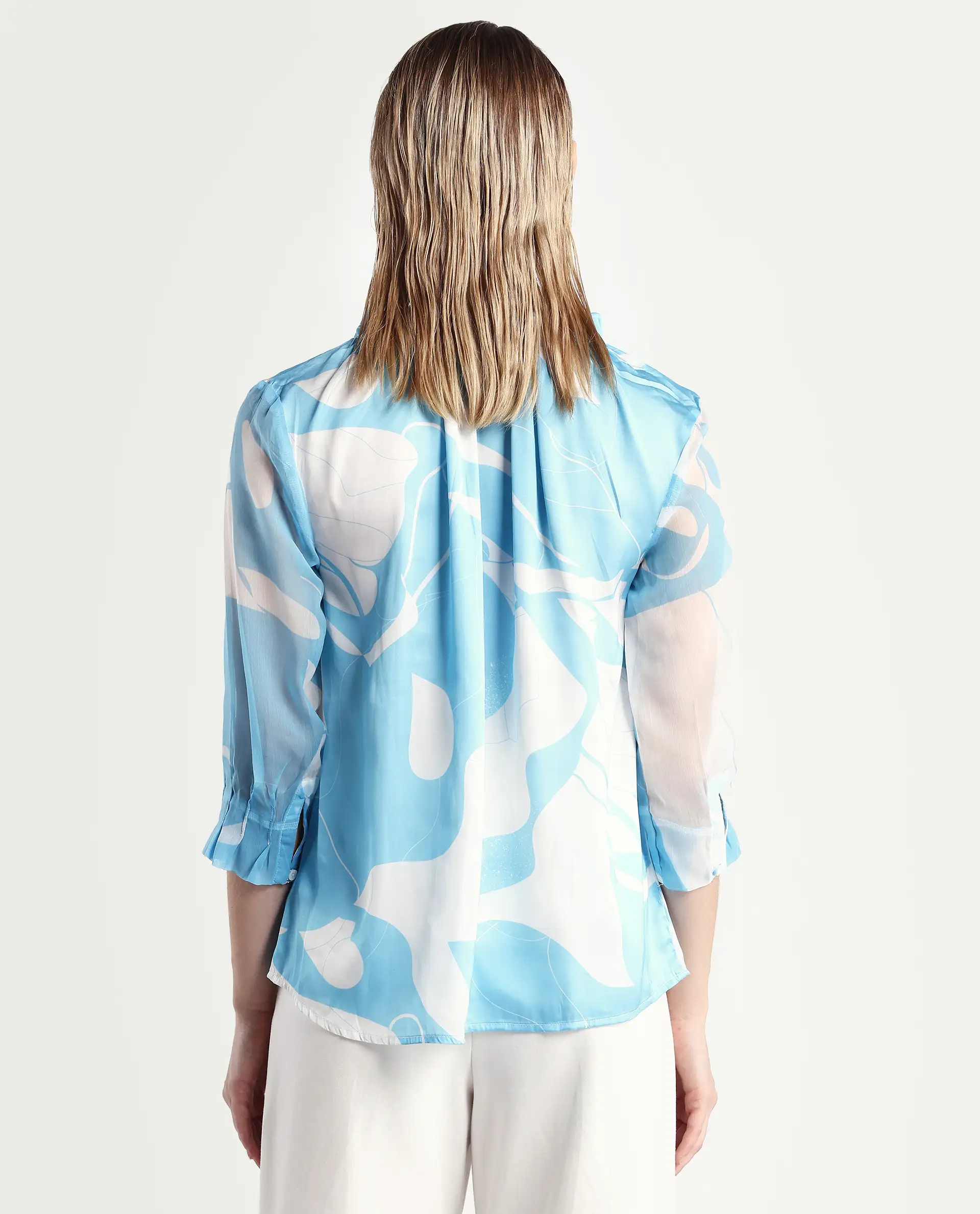 Rareism Women's Meara Blue Polyester Tie-Up Neck Abstract Print Ruffled Sleeve Regular Fit Top - Image 7
